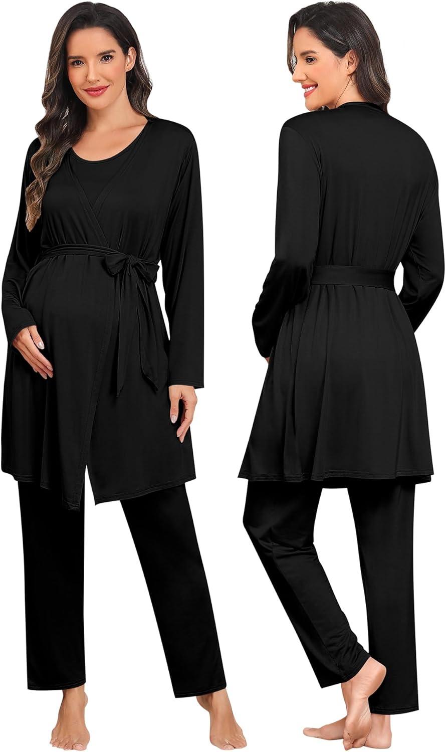 imageSWOMOG Maternity Nursing Robe Set 3 PCS Postpartum Breastfeeding Pajamas Lounge Hospital Pregnancy Pjs with RobeBlack