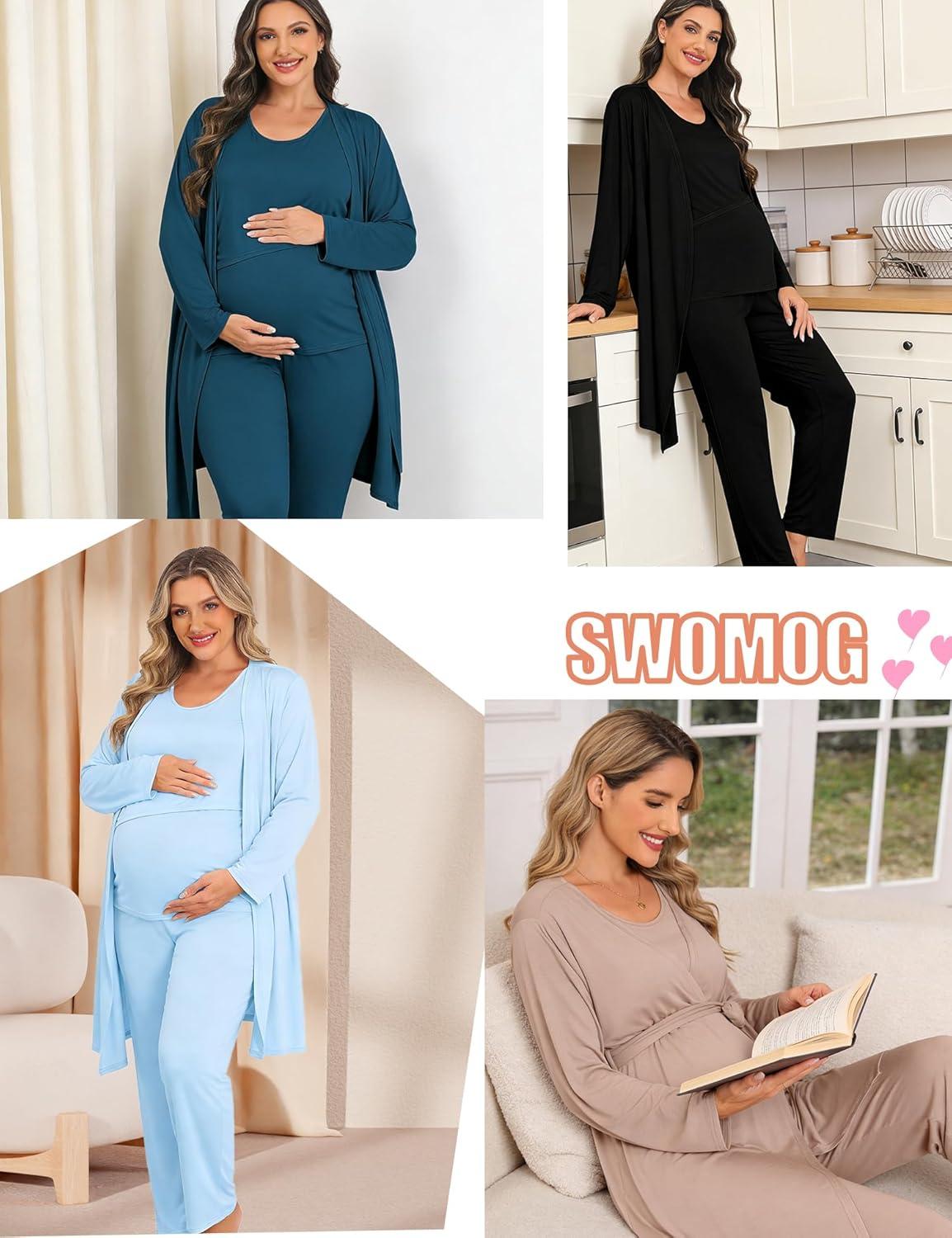 imageSWOMOG Maternity Nursing Robe Set 3 PCS Postpartum Breastfeeding Pajamas Lounge Hospital Pregnancy Pjs with RobeBlack