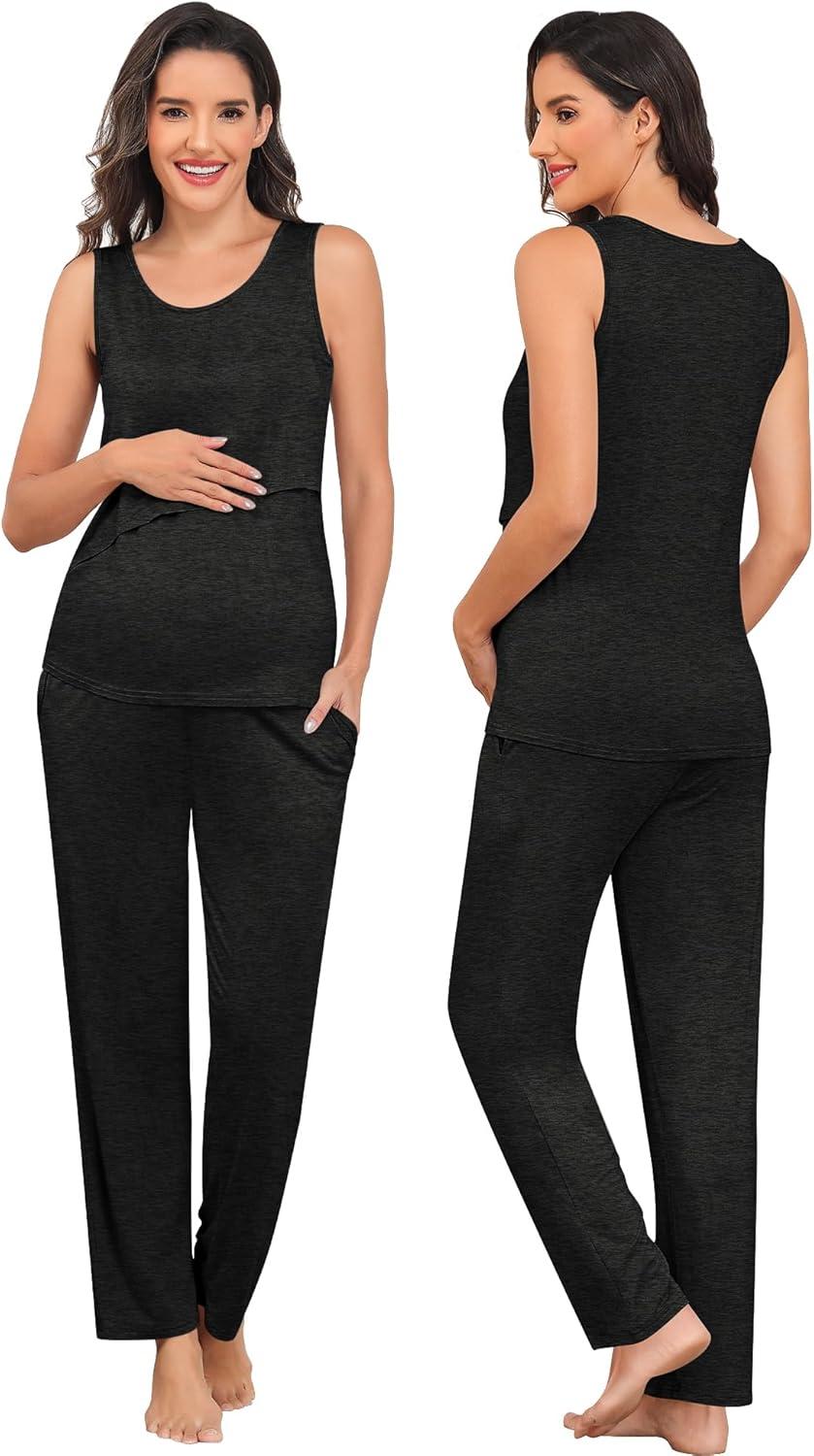 imageSWOMOG Maternity Nursing Robe Set 3 PCS Postpartum Breastfeeding Pajamas Lounge Hospital Pregnancy Pjs with RobeBlack Grey