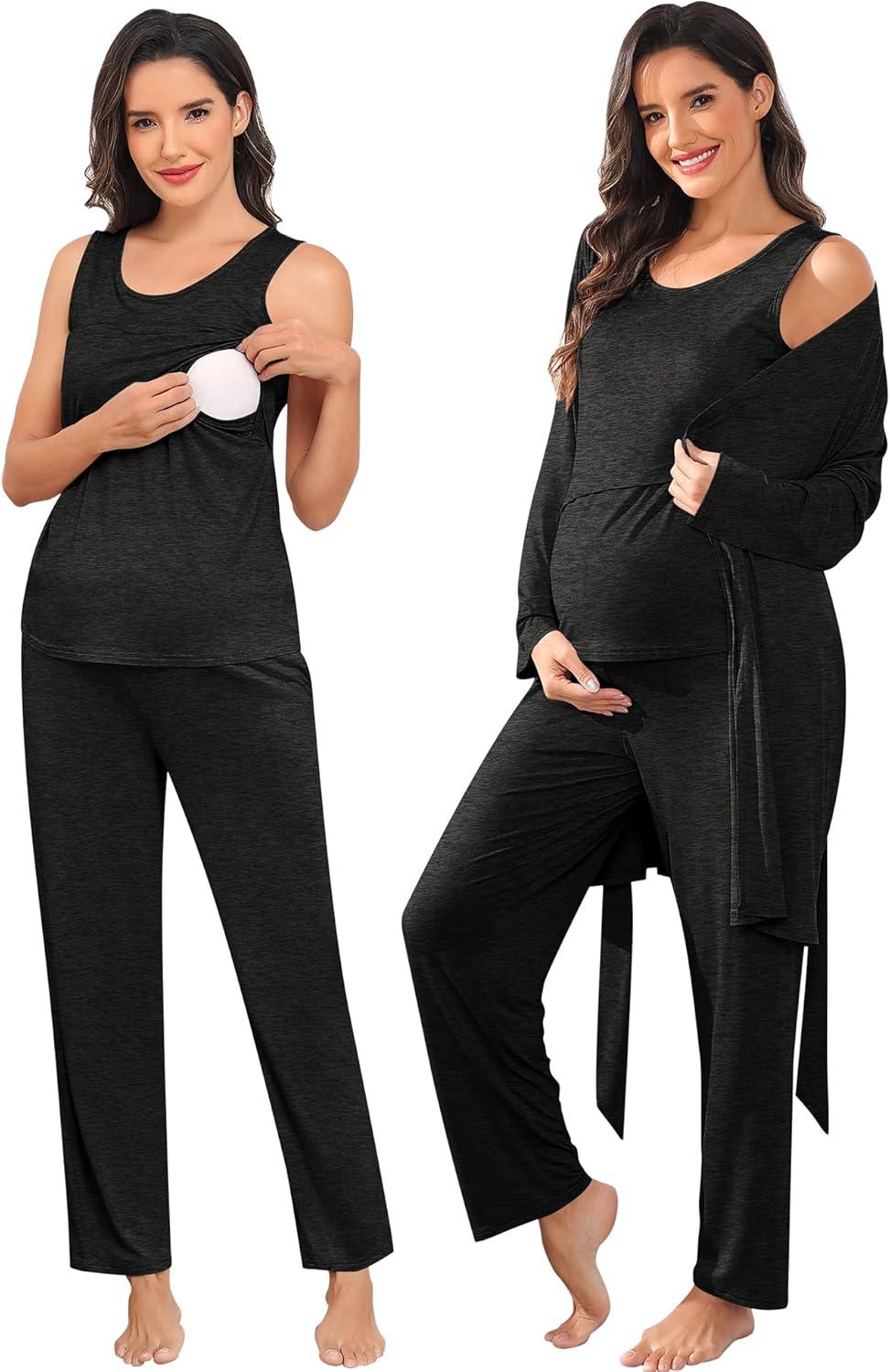imageSWOMOG Maternity Nursing Robe Set 3 PCS Postpartum Breastfeeding Pajamas Lounge Hospital Pregnancy Pjs with RobeBlack Grey