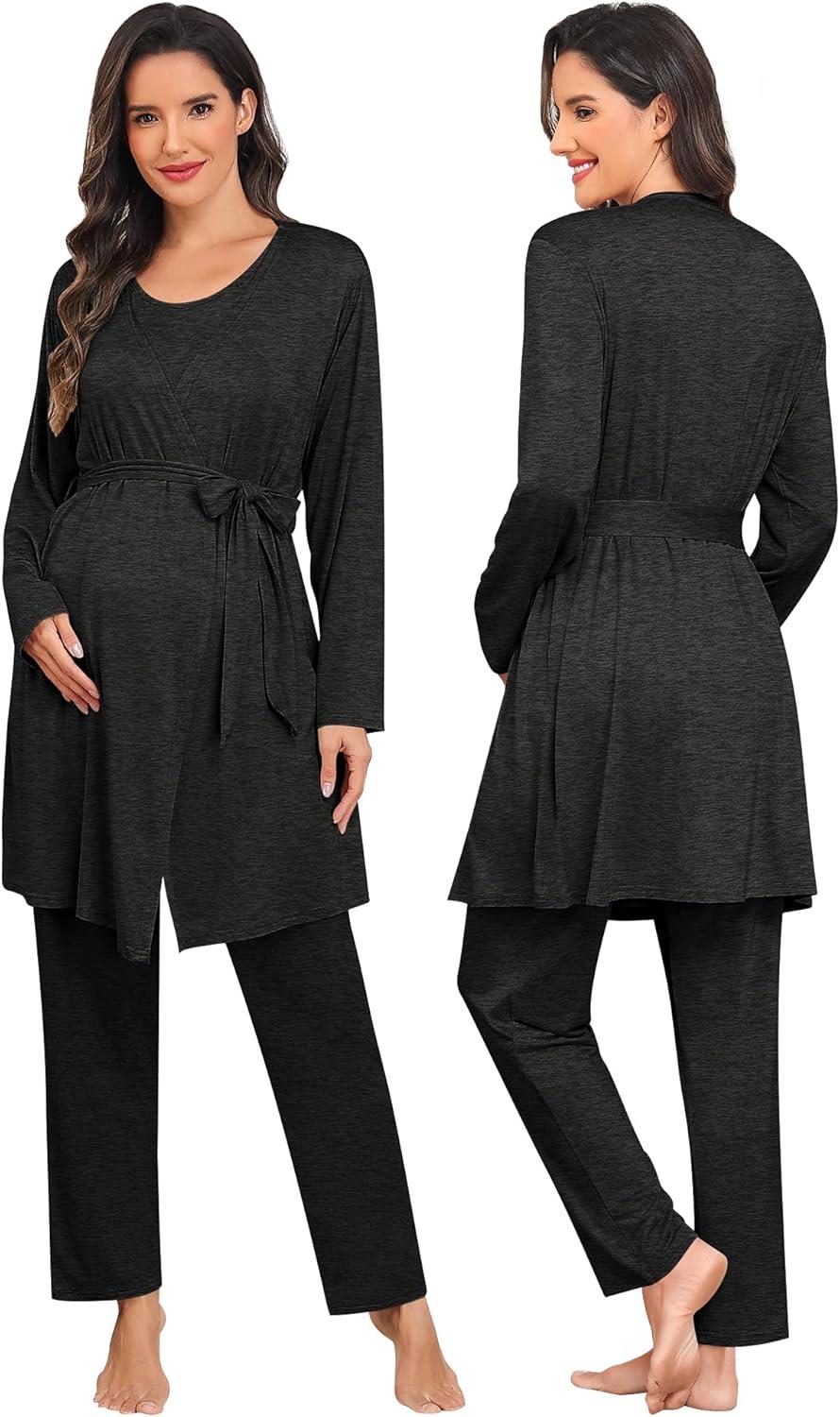 imageSWOMOG Maternity Nursing Robe Set 3 PCS Postpartum Breastfeeding Pajamas Lounge Hospital Pregnancy Pjs with RobeBlack Grey