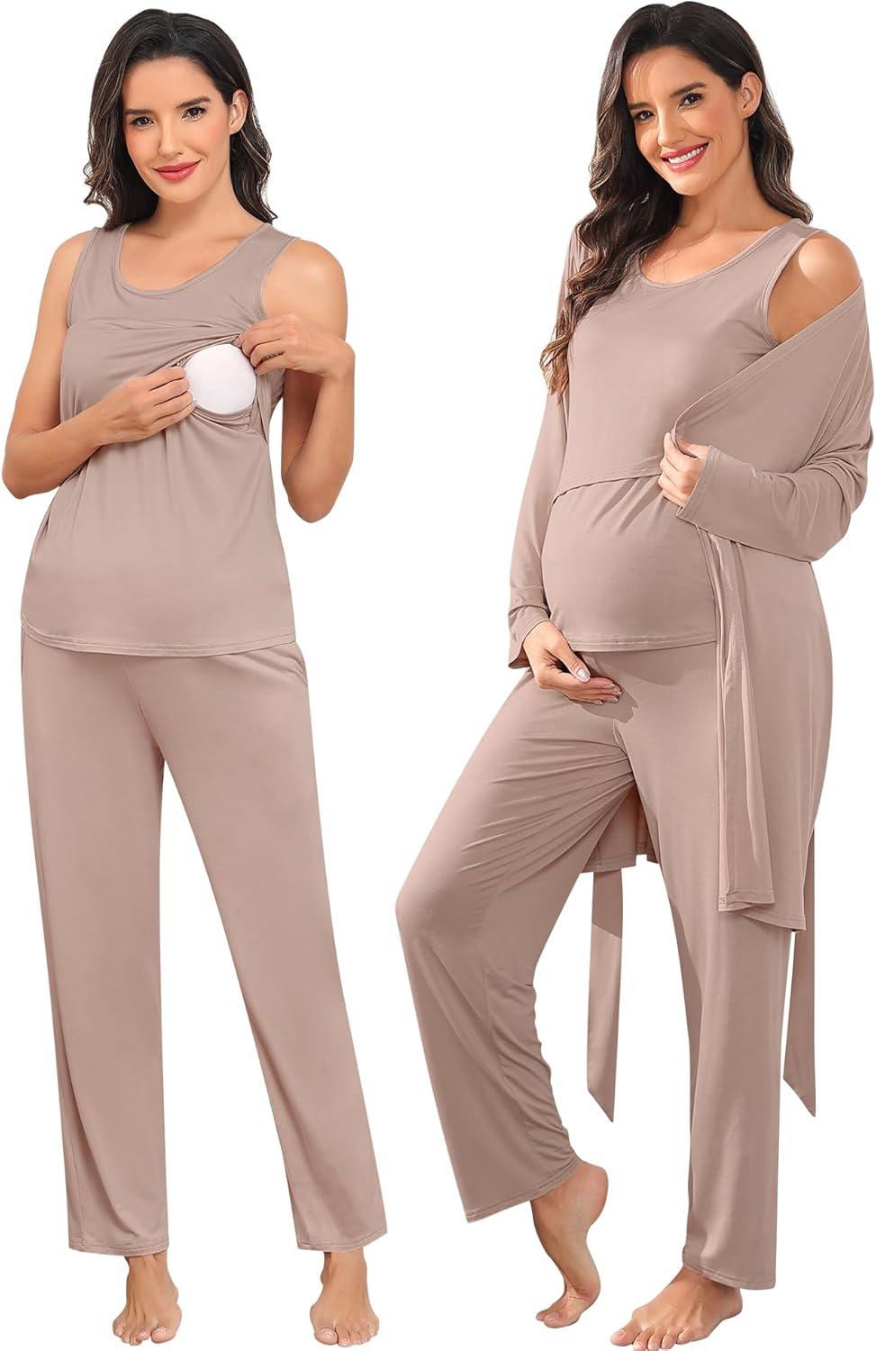 imageSWOMOG Maternity Nursing Robe Set 3 PCS Postpartum Breastfeeding Pajamas Lounge Hospital Pregnancy Pjs with RobeLight Brown