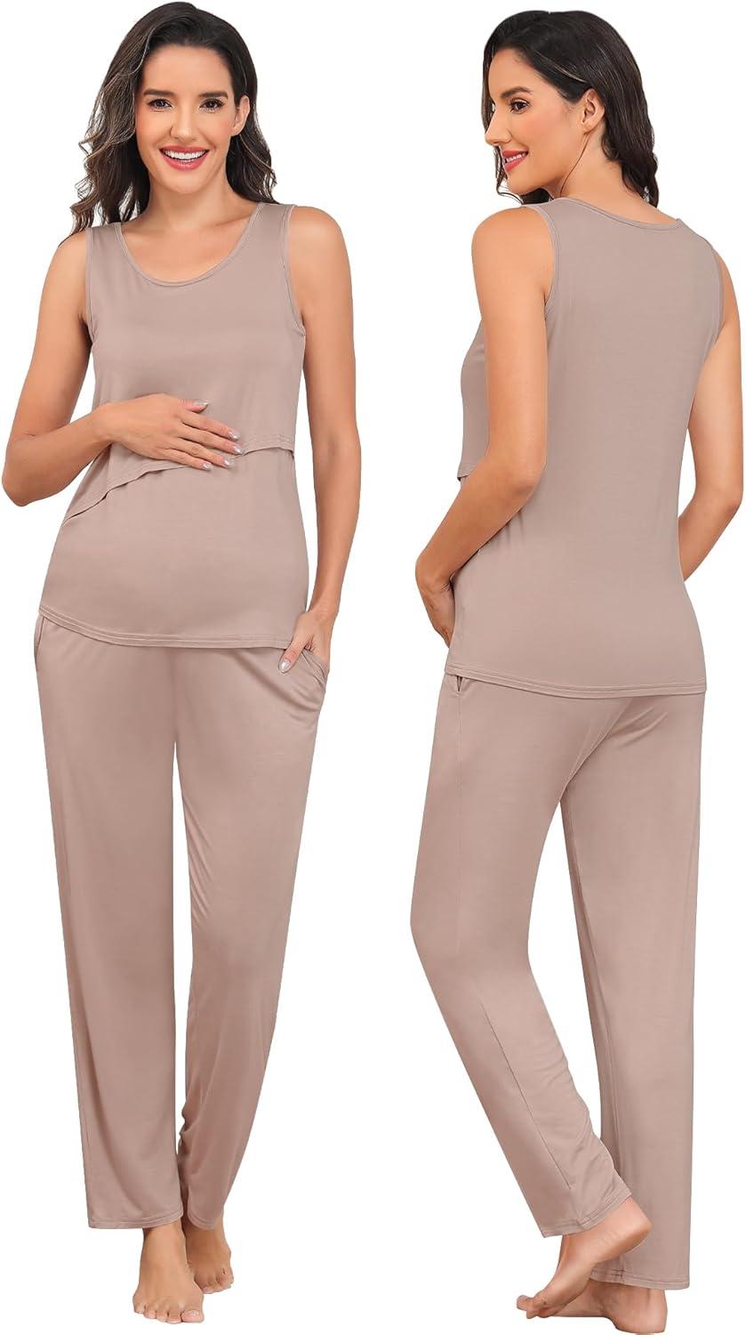 imageSWOMOG Maternity Nursing Robe Set 3 PCS Postpartum Breastfeeding Pajamas Lounge Hospital Pregnancy Pjs with RobeLight Brown