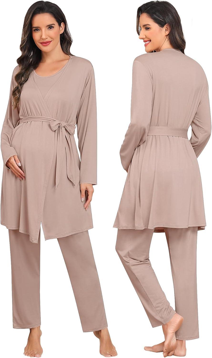 imageSWOMOG Maternity Nursing Robe Set 3 PCS Postpartum Breastfeeding Pajamas Lounge Hospital Pregnancy Pjs with RobeLight Brown