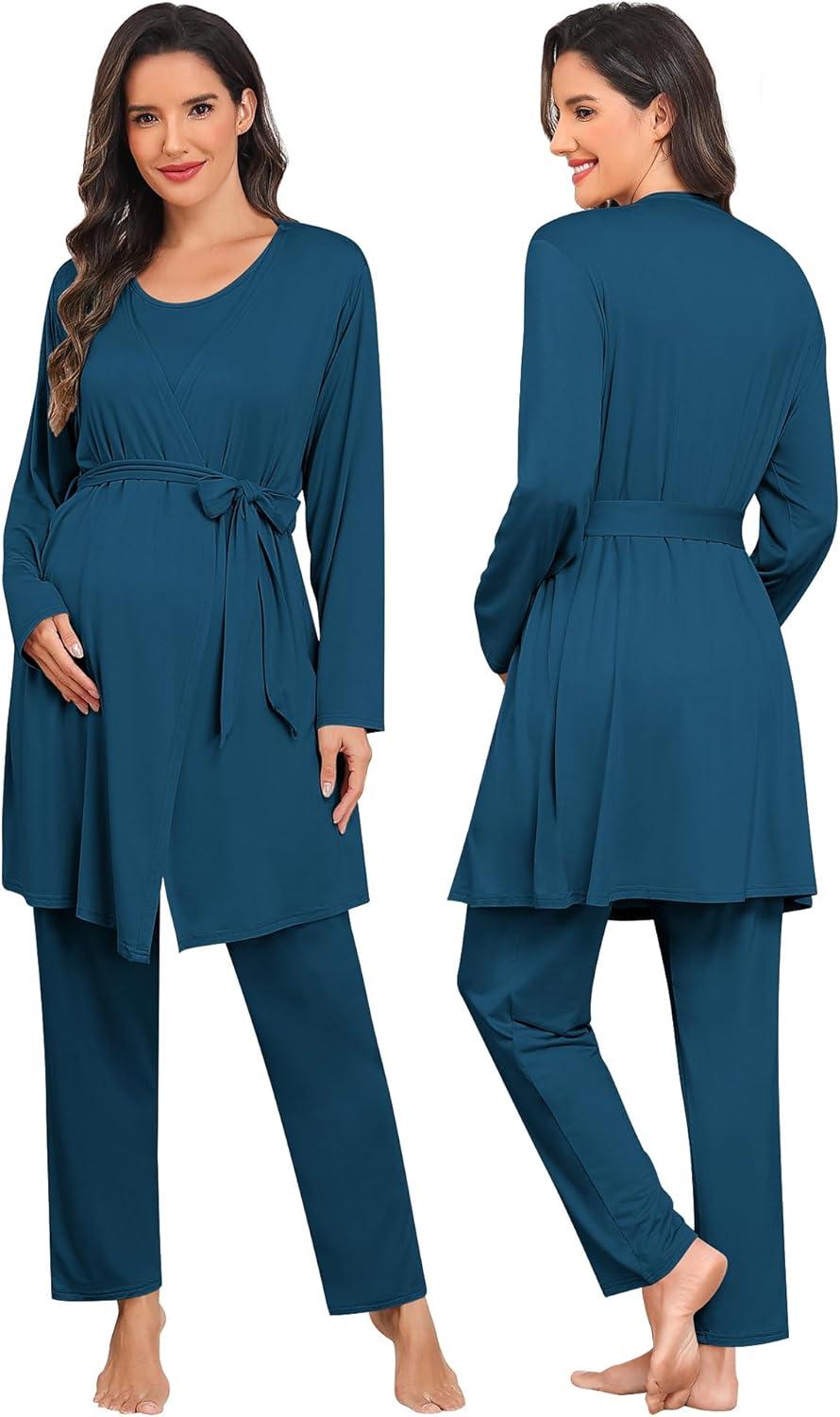 imageSWOMOG Maternity Nursing Robe Set 3 PCS Postpartum Breastfeeding Pajamas Lounge Hospital Pregnancy Pjs with RobeOxford Blue