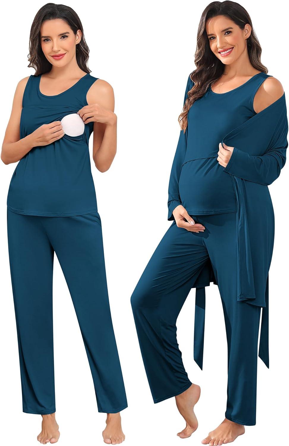 imageSWOMOG Maternity Nursing Robe Set 3 PCS Postpartum Breastfeeding Pajamas Lounge Hospital Pregnancy Pjs with RobeOxford Blue