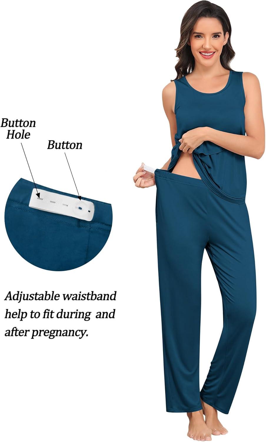 imageSWOMOG Maternity Nursing Robe Set 3 PCS Postpartum Breastfeeding Pajamas Lounge Hospital Pregnancy Pjs with RobeOxford Blue