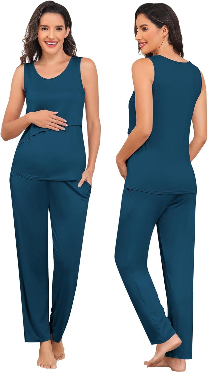 imageSWOMOG Maternity Nursing Robe Set 3 PCS Postpartum Breastfeeding Pajamas Lounge Hospital Pregnancy Pjs with RobeOxford Blue