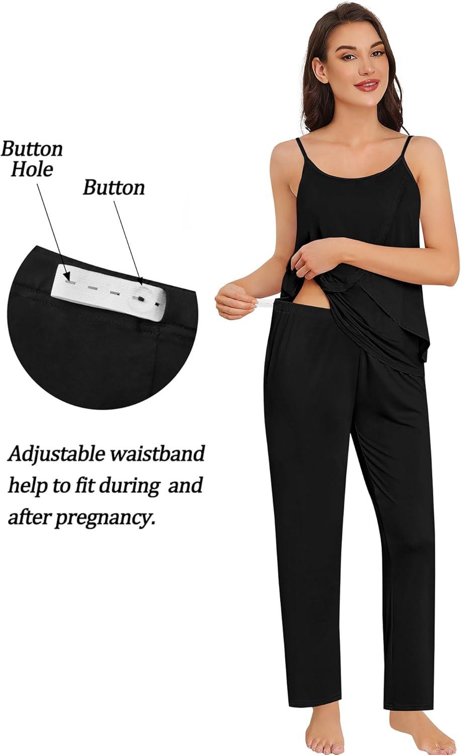 imageSWOMOG Maternity Pajamas Set 3 PCS Nusing Pajamas Labor and Delivery Gown amp Camisole amp Pants Postpartum PjsBlack