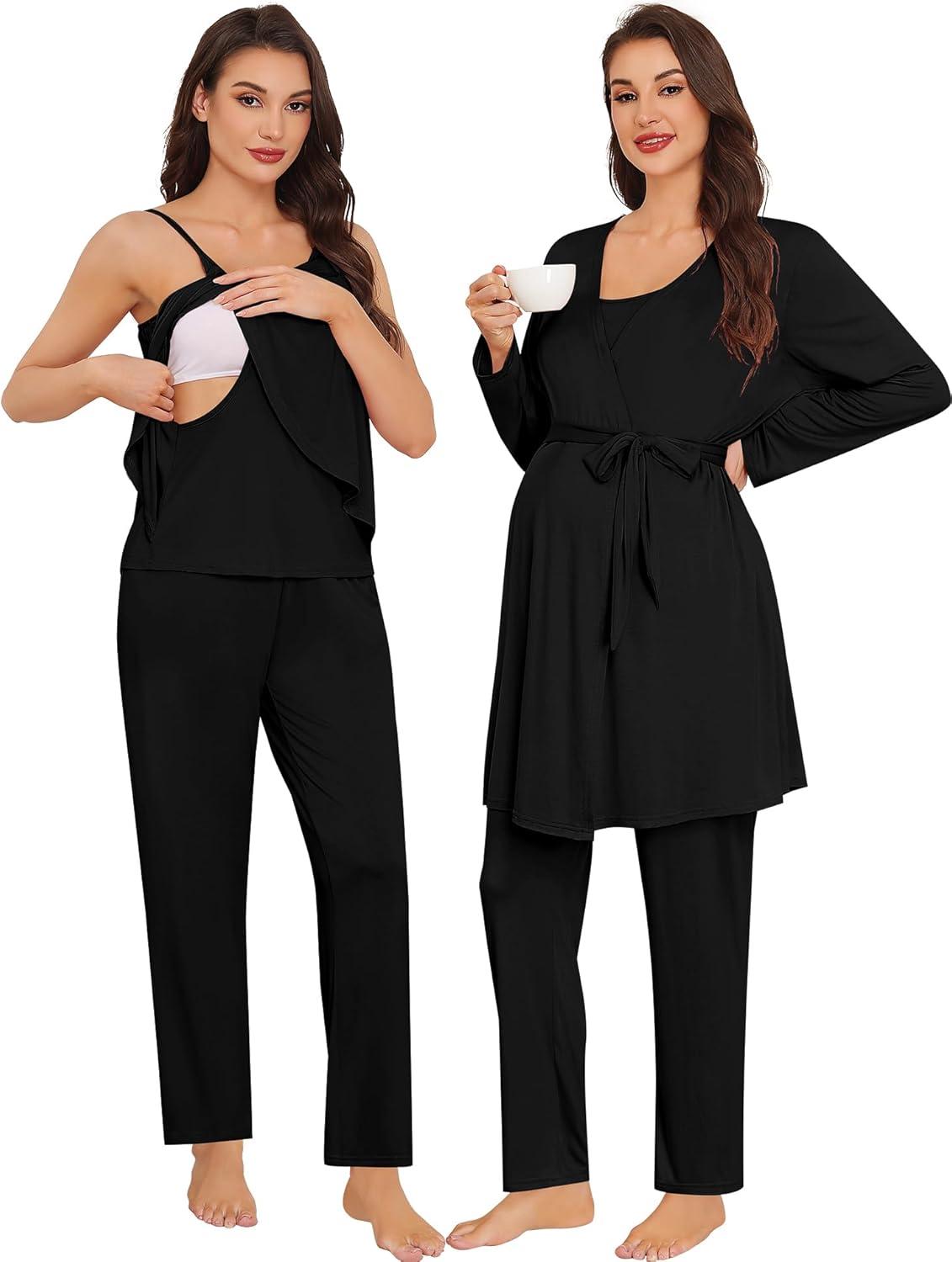 imageSWOMOG Maternity Pajamas Set 3 PCS Nusing Pajamas Labor and Delivery Gown amp Camisole amp Pants Postpartum PjsBlack
