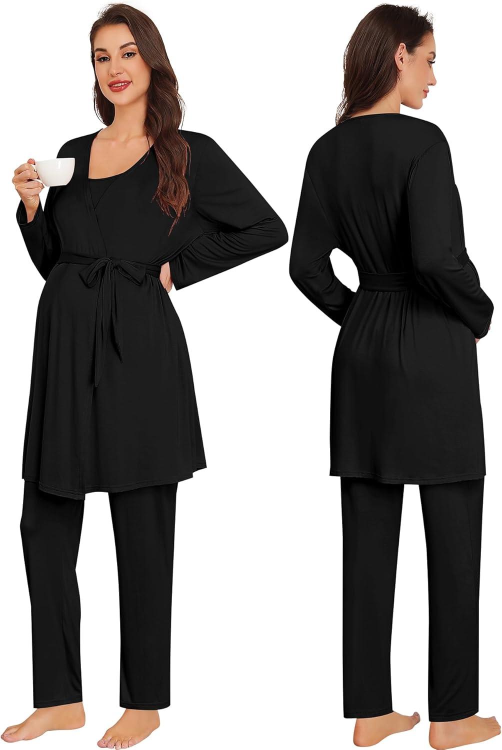 imageSWOMOG Maternity Pajamas Set 3 PCS Nusing Pajamas Labor and Delivery Gown amp Camisole amp Pants Postpartum PjsBlack