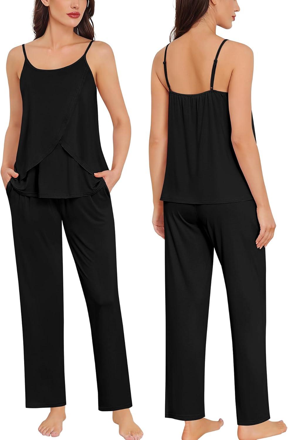 imageSWOMOG Maternity Pajamas Set 3 PCS Nusing Pajamas Labor and Delivery Gown amp Camisole amp Pants Postpartum PjsBlack