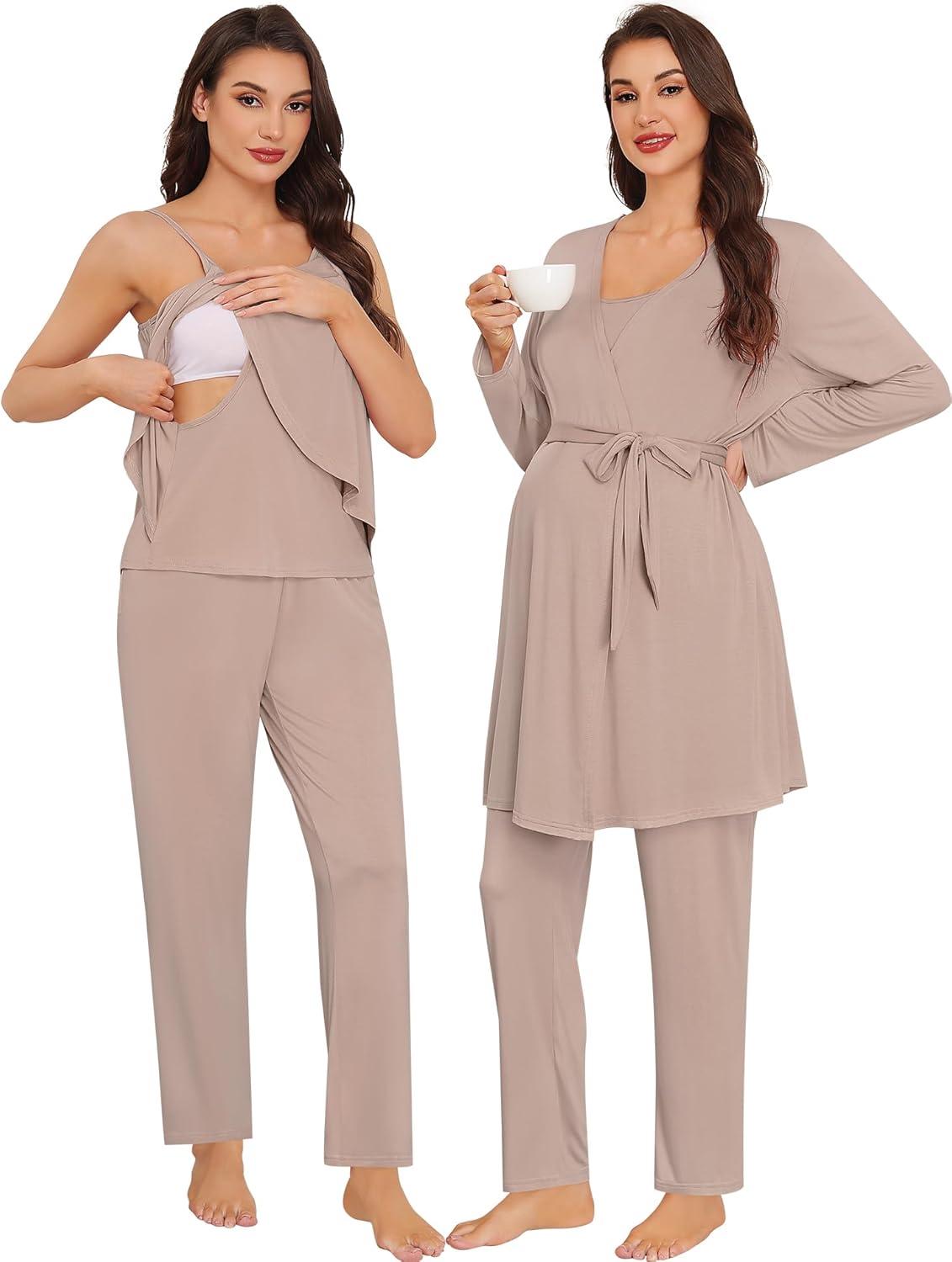 imageSWOMOG Maternity Pajamas Set 3 PCS Nusing Pajamas Labor and Delivery Gown amp Camisole amp Pants Postpartum PjsEcru