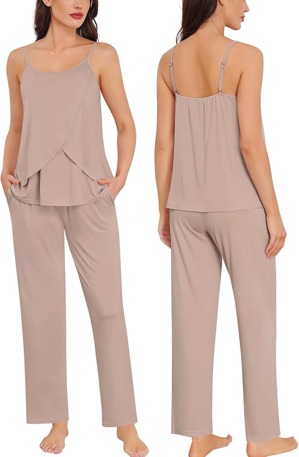 imageSWOMOG Maternity Pajamas Set 3 PCS Nusing Pajamas Labor and Delivery Gown amp Camisole amp Pants Postpartum PjsEcru