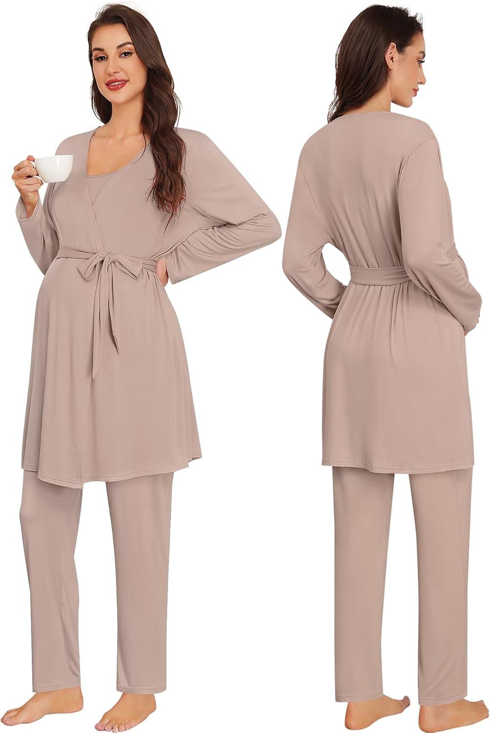 imageSWOMOG Maternity Pajamas Set 3 PCS Nusing Pajamas Labor and Delivery Gown amp Camisole amp Pants Postpartum PjsEcru