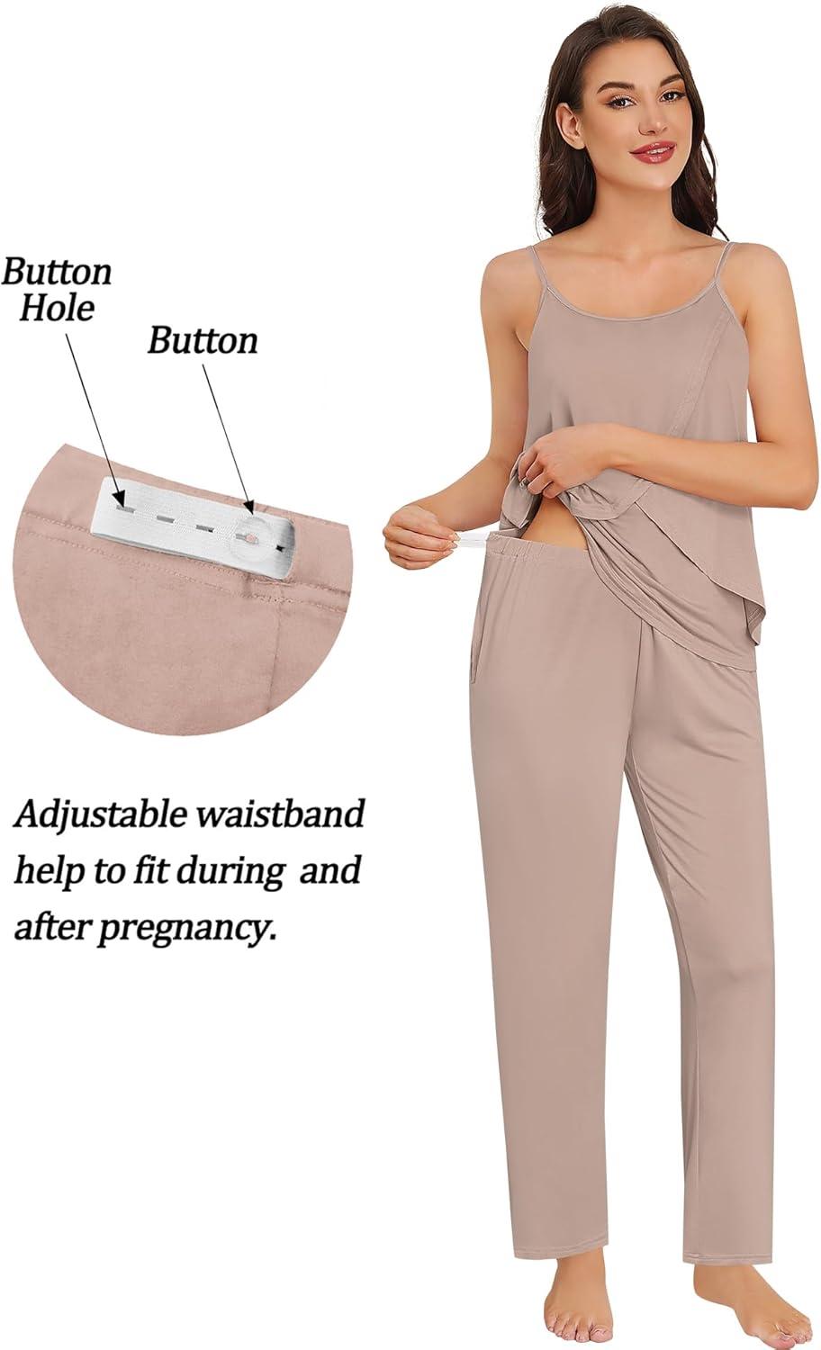 imageSWOMOG Maternity Pajamas Set 3 PCS Nusing Pajamas Labor and Delivery Gown amp Camisole amp Pants Postpartum PjsEcru