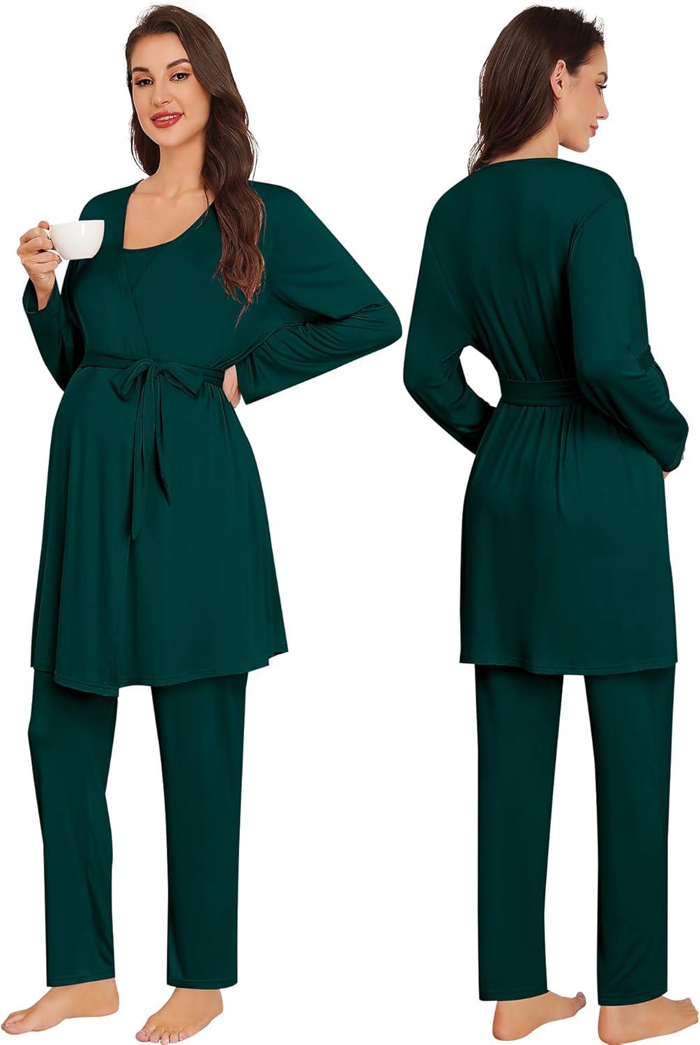 imageSWOMOG Maternity Pajamas Set 3 PCS Nusing Pajamas Labor and Delivery Gown amp Camisole amp Pants Postpartum PjsEmerald Green