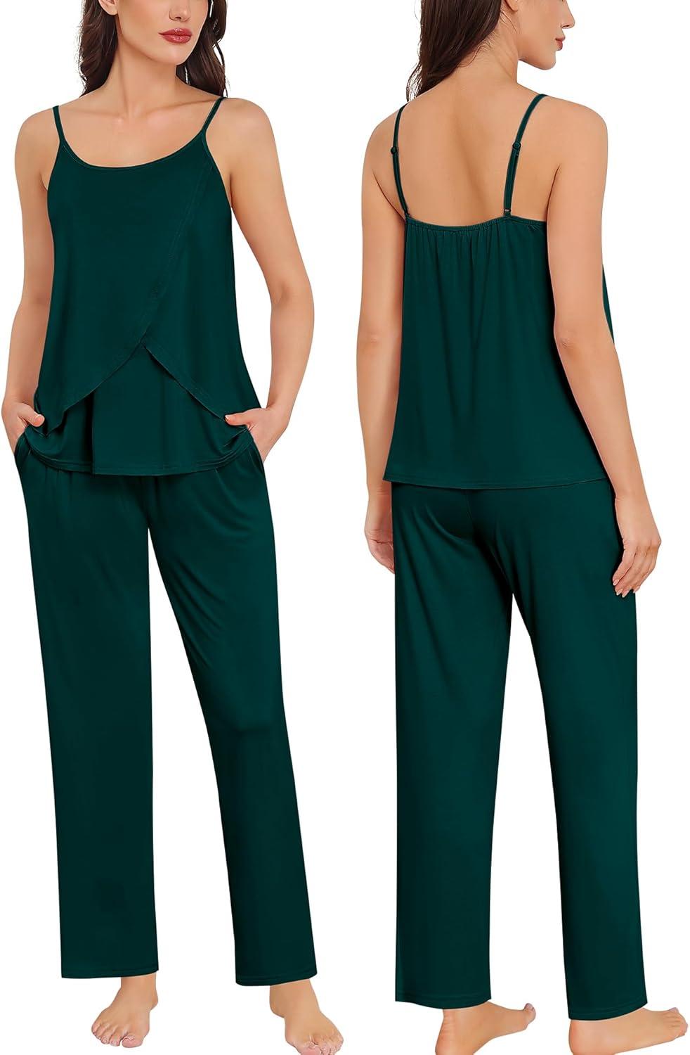 imageSWOMOG Maternity Pajamas Set 3 PCS Nusing Pajamas Labor and Delivery Gown amp Camisole amp Pants Postpartum PjsEmerald Green