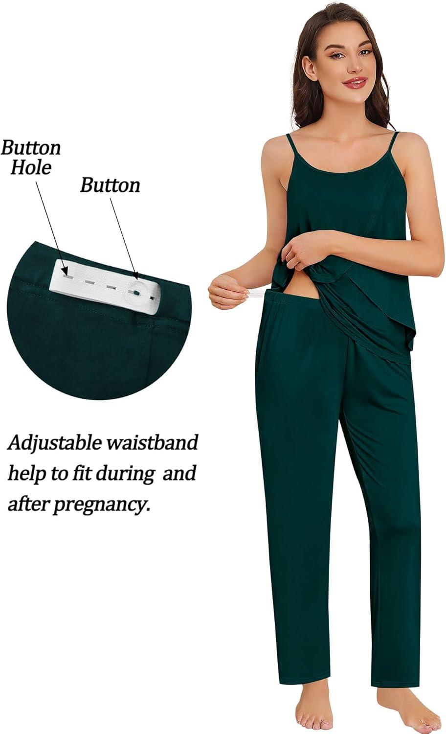 imageSWOMOG Maternity Pajamas Set 3 PCS Nusing Pajamas Labor and Delivery Gown amp Camisole amp Pants Postpartum PjsEmerald Green