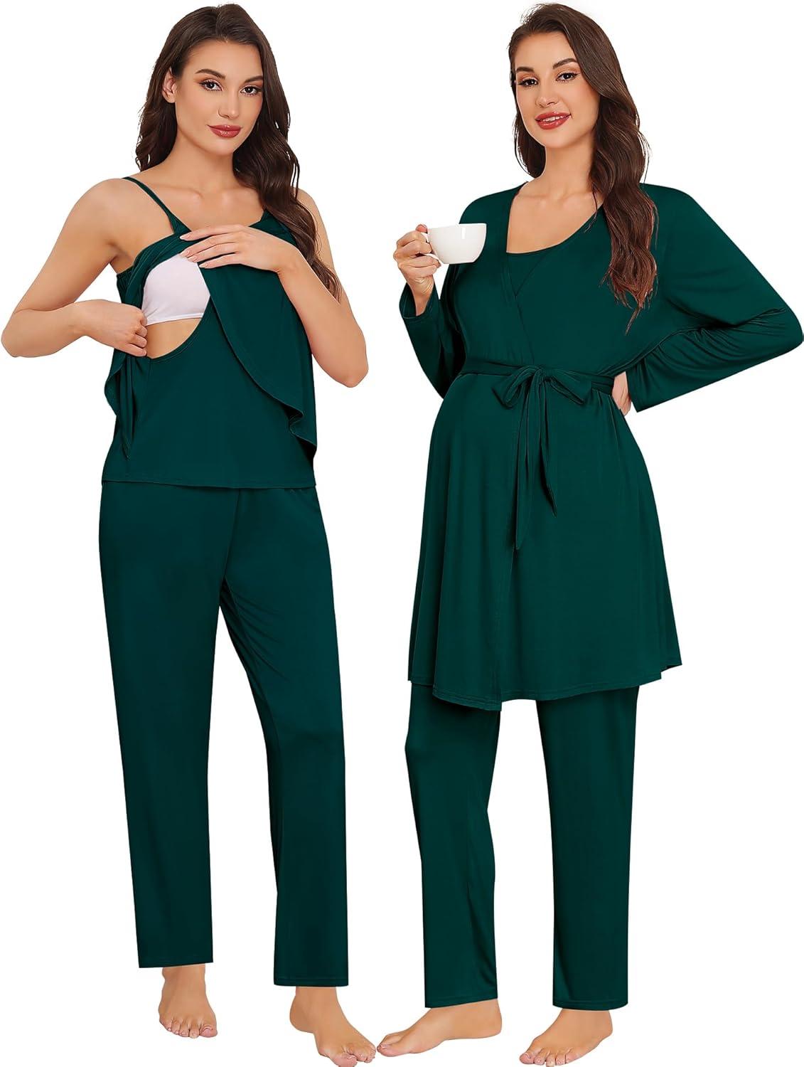 imageSWOMOG Maternity Pajamas Set 3 PCS Nusing Pajamas Labor and Delivery Gown amp Camisole amp Pants Postpartum PjsEmerald Green
