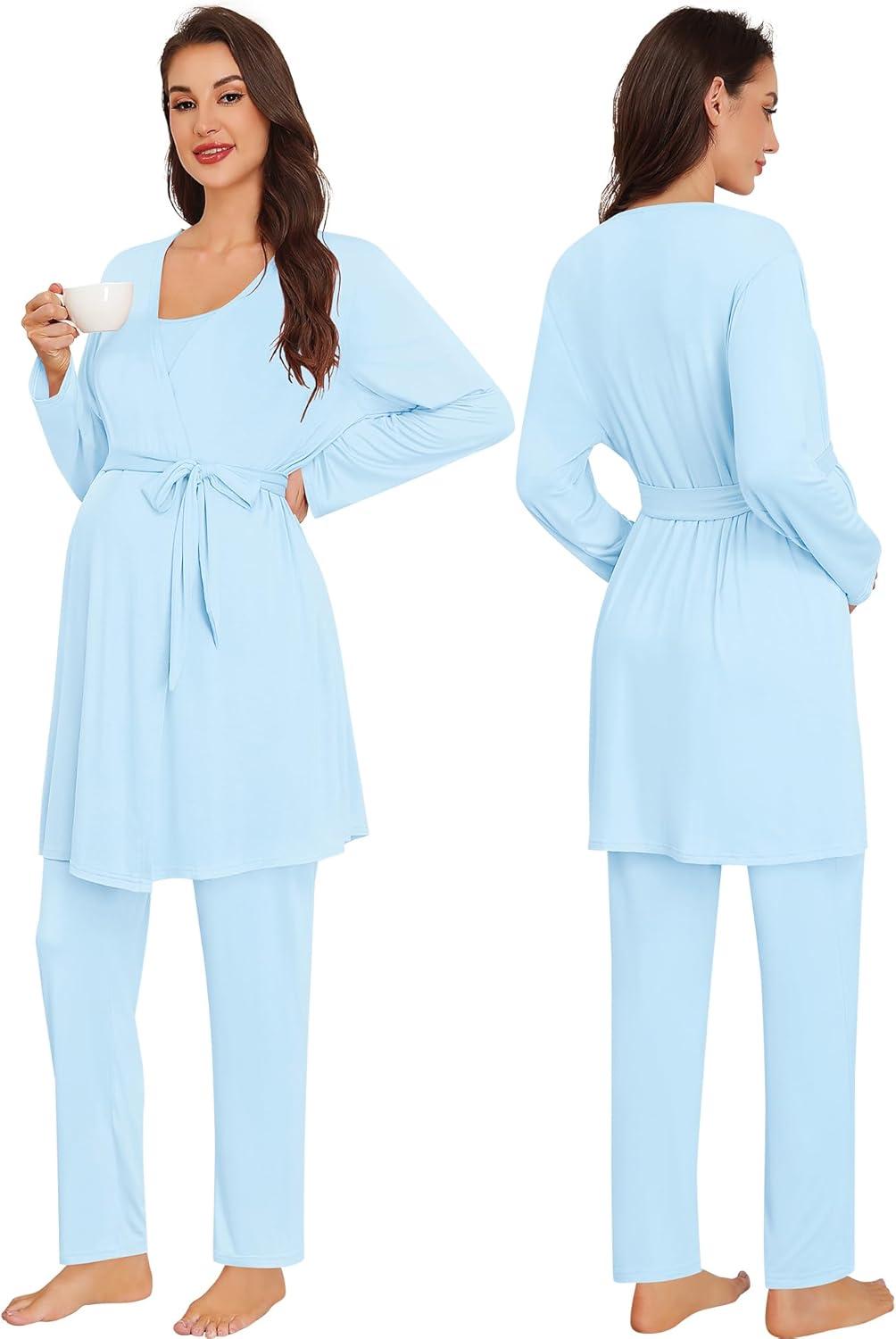 imageSWOMOG Maternity Pajamas Set 3 PCS Nusing Pajamas Labor and Delivery Gown amp Camisole amp Pants Postpartum PjsLights Blue