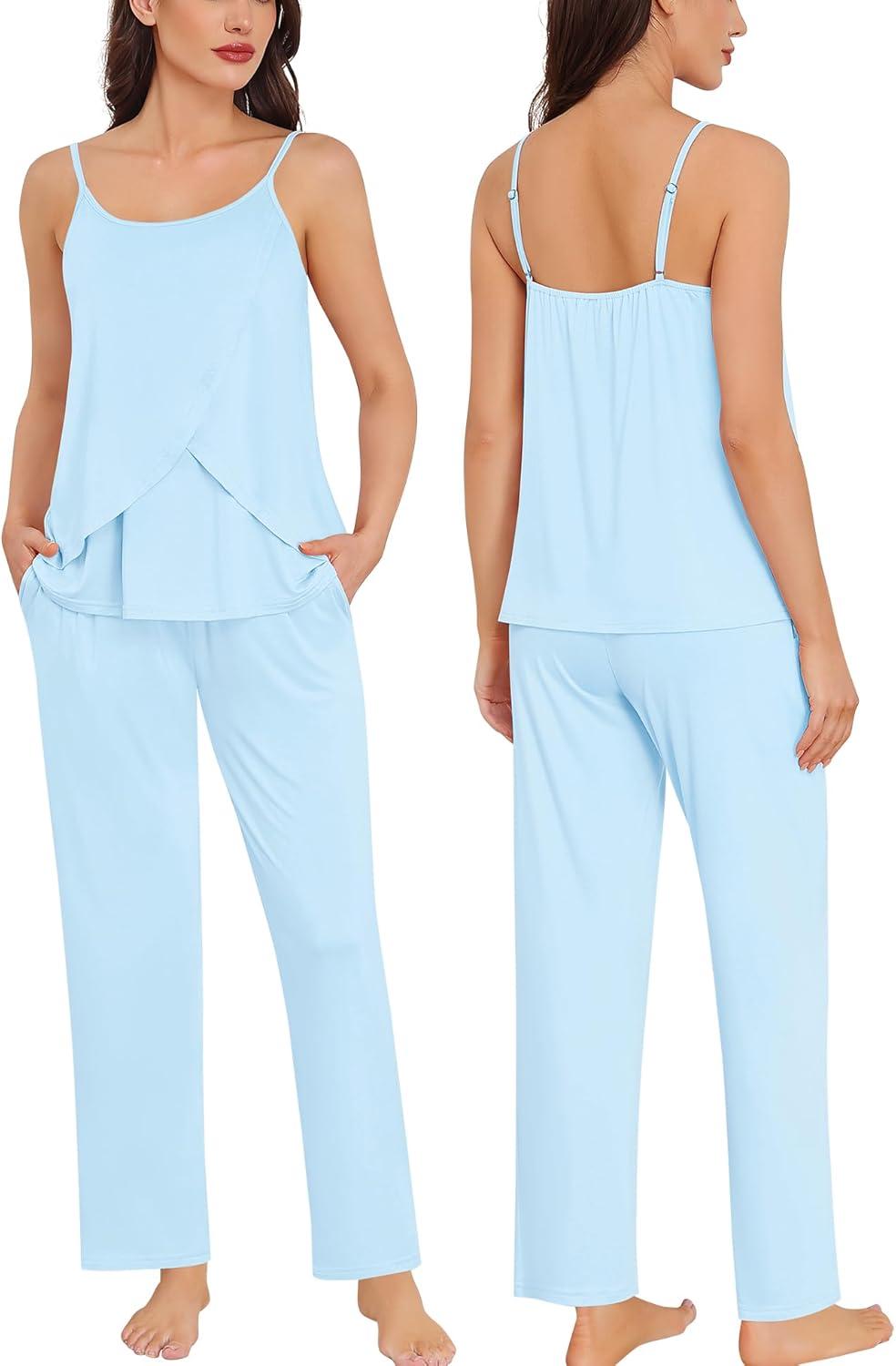 imageSWOMOG Maternity Pajamas Set 3 PCS Nusing Pajamas Labor and Delivery Gown amp Camisole amp Pants Postpartum PjsLights Blue