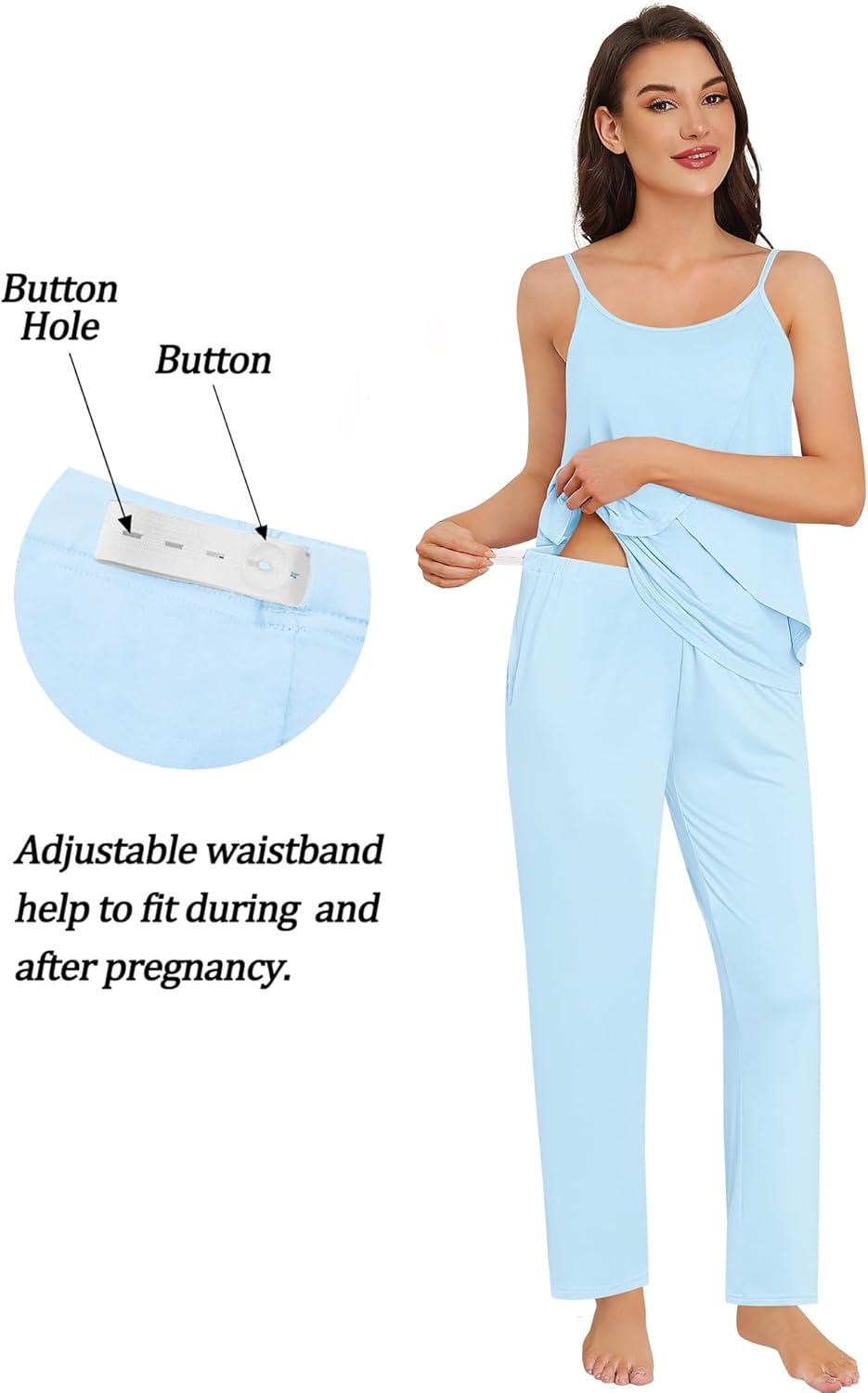 imageSWOMOG Maternity Pajamas Set 3 PCS Nusing Pajamas Labor and Delivery Gown amp Camisole amp Pants Postpartum PjsLights Blue