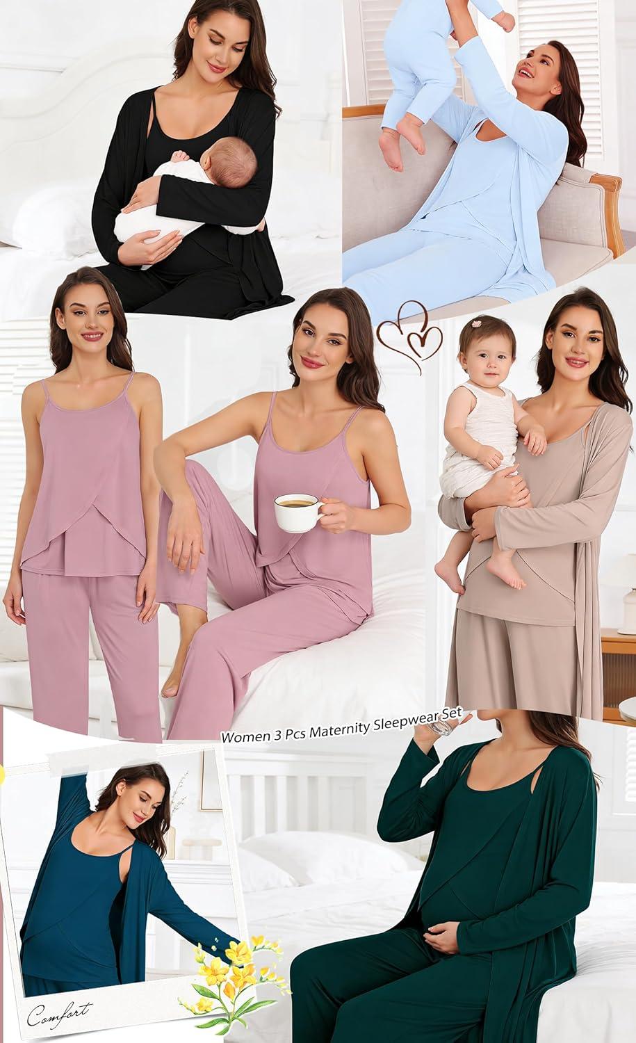 imageSWOMOG Maternity Pajamas Set 3 PCS Nusing Pajamas Labor and Delivery Gown amp Camisole amp Pants Postpartum PjsLights Blue