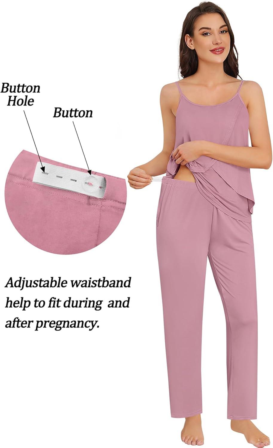 imageSWOMOG Maternity Pajamas Set 3 PCS Nusing Pajamas Labor and Delivery Gown amp Camisole amp Pants Postpartum PjsTaro Purple