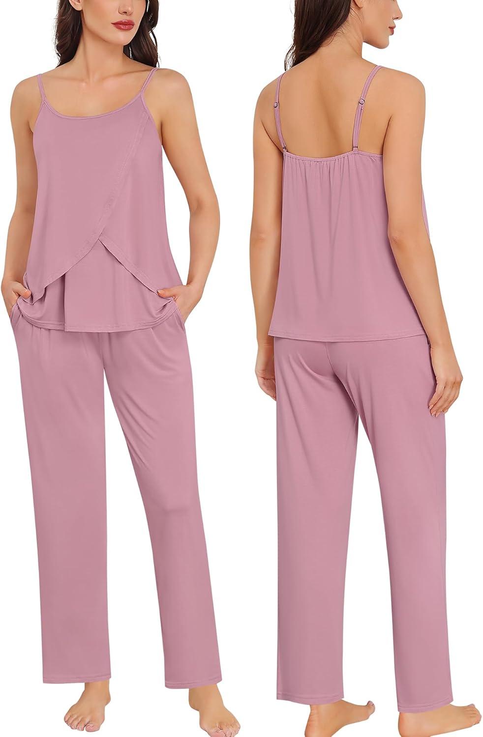 imageSWOMOG Maternity Pajamas Set 3 PCS Nusing Pajamas Labor and Delivery Gown amp Camisole amp Pants Postpartum PjsTaro Purple