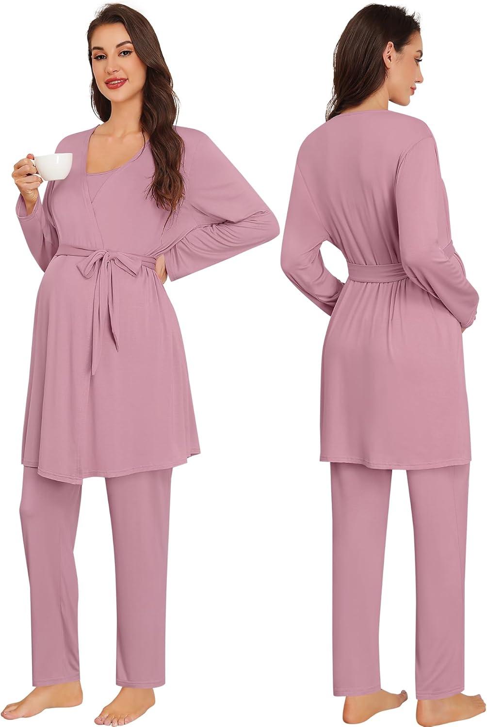 imageSWOMOG Maternity Pajamas Set 3 PCS Nusing Pajamas Labor and Delivery Gown amp Camisole amp Pants Postpartum PjsTaro Purple