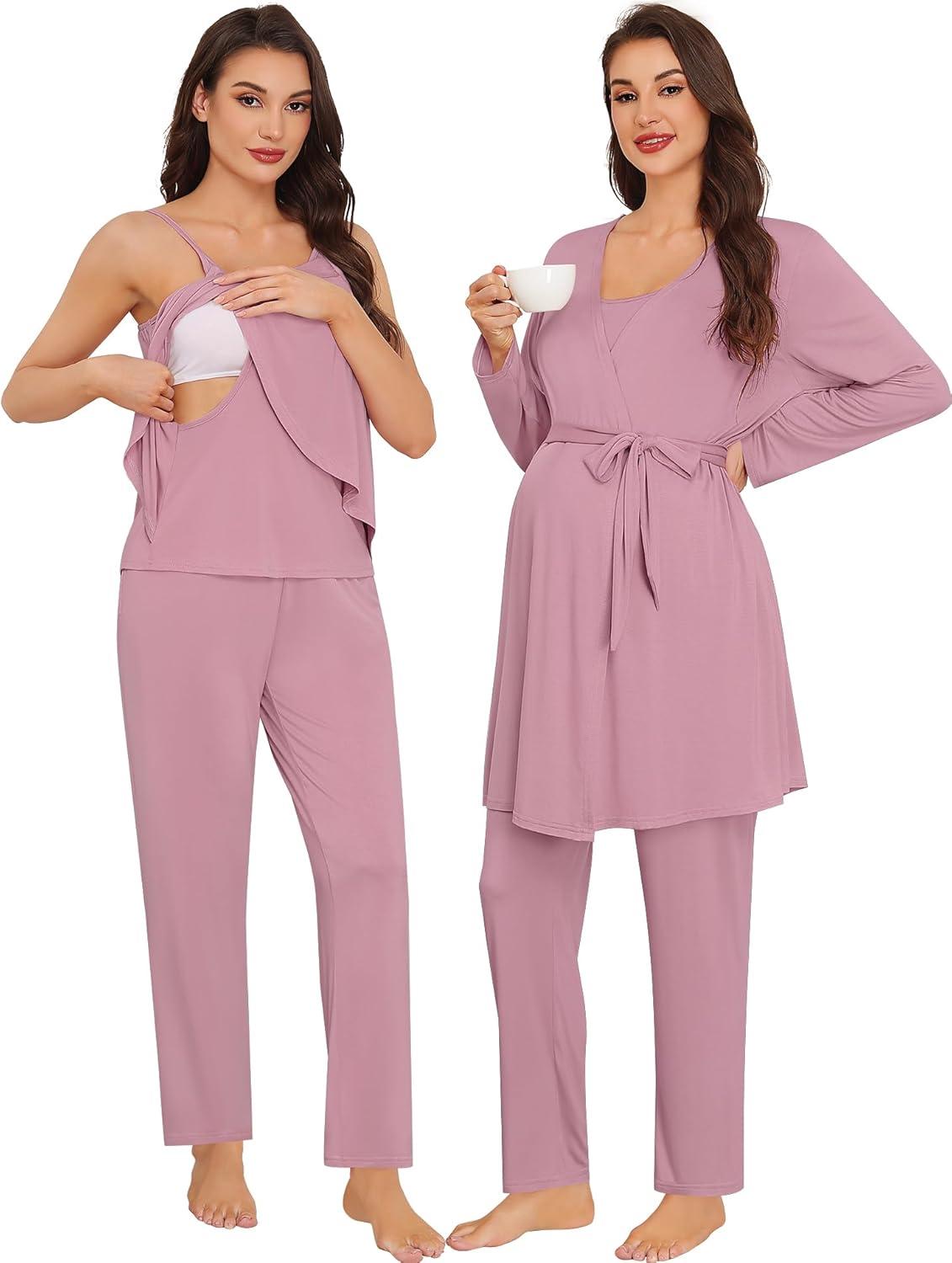 imageSWOMOG Maternity Pajamas Set 3 PCS Nusing Pajamas Labor and Delivery Gown amp Camisole amp Pants Postpartum PjsTaro Purple