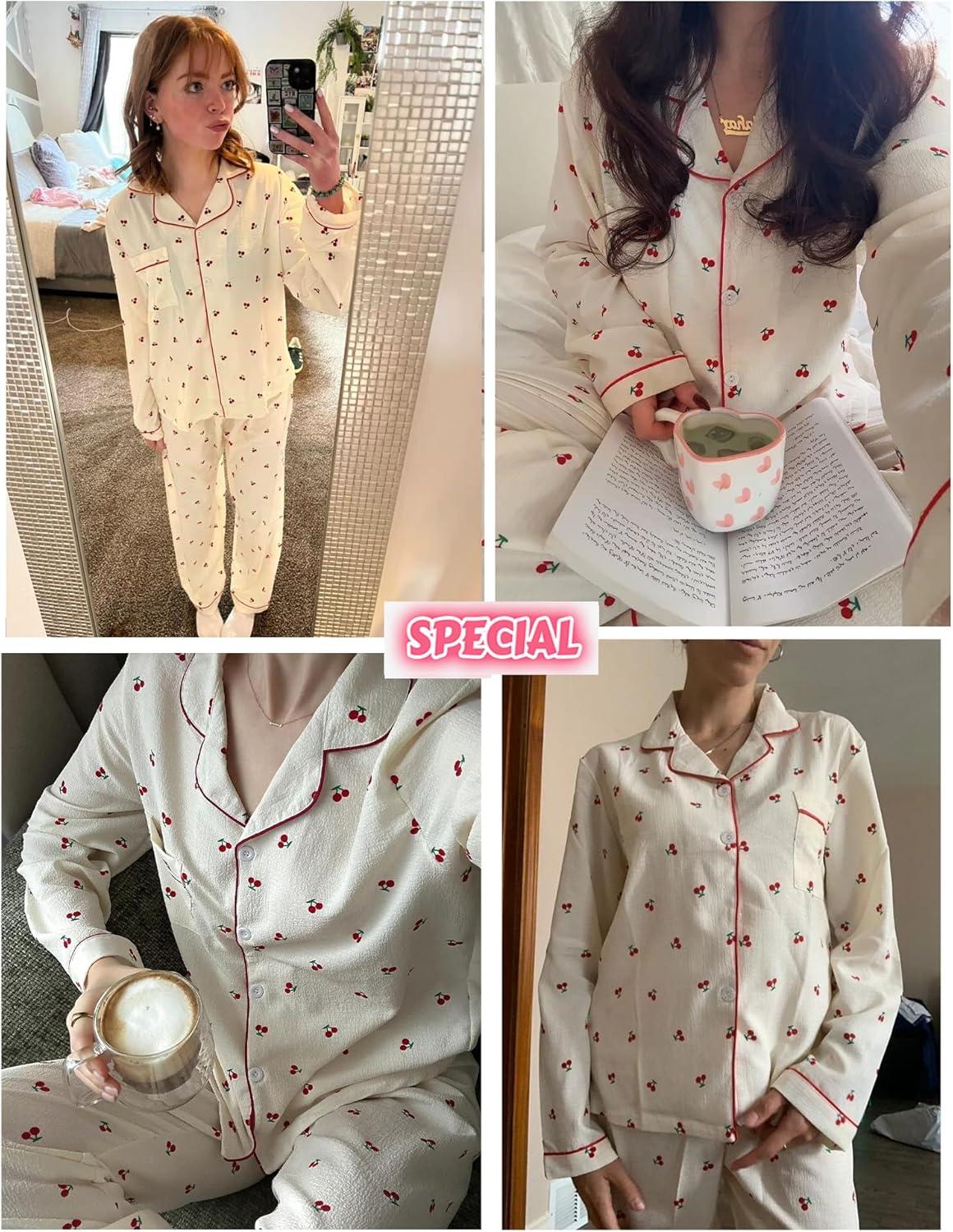 imageSWOMOG Pajamas for Women Sets 2 Piece Button Down Printed Pjs Long Sleeve Shirt and Pants Fall Sleepwear Cute LoungewearBeige Cherry