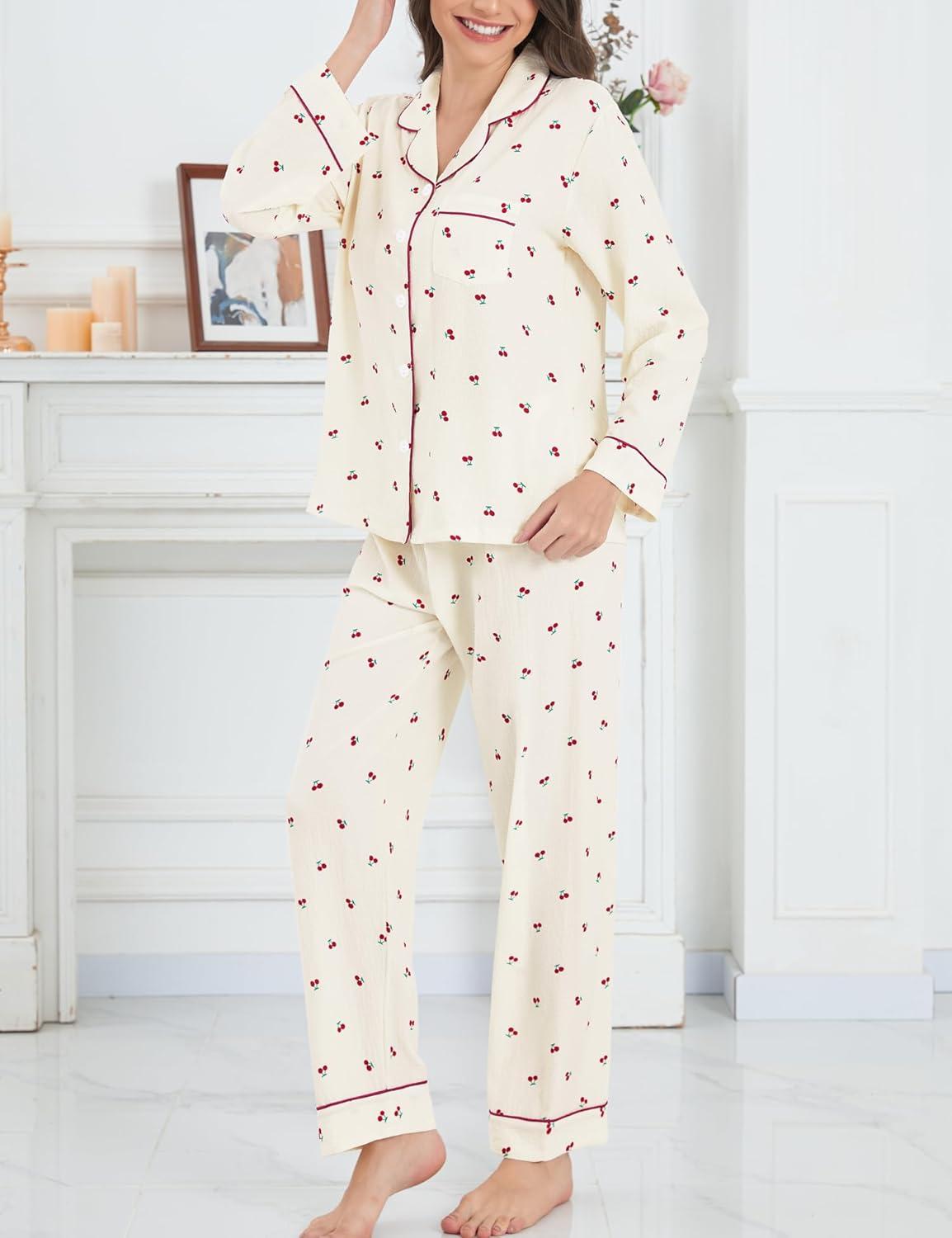 imageSWOMOG Pajamas for Women Sets 2 Piece Button Down Printed Pjs Long Sleeve Shirt and Pants Fall Sleepwear Cute LoungewearBeige Cherry
