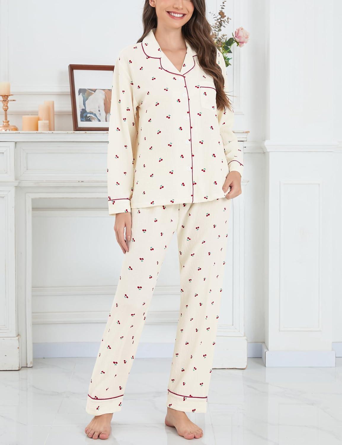 imageSWOMOG Pajamas for Women Sets 2 Piece Button Down Printed Pjs Long Sleeve Shirt and Pants Fall Sleepwear Cute LoungewearBeige Cherry