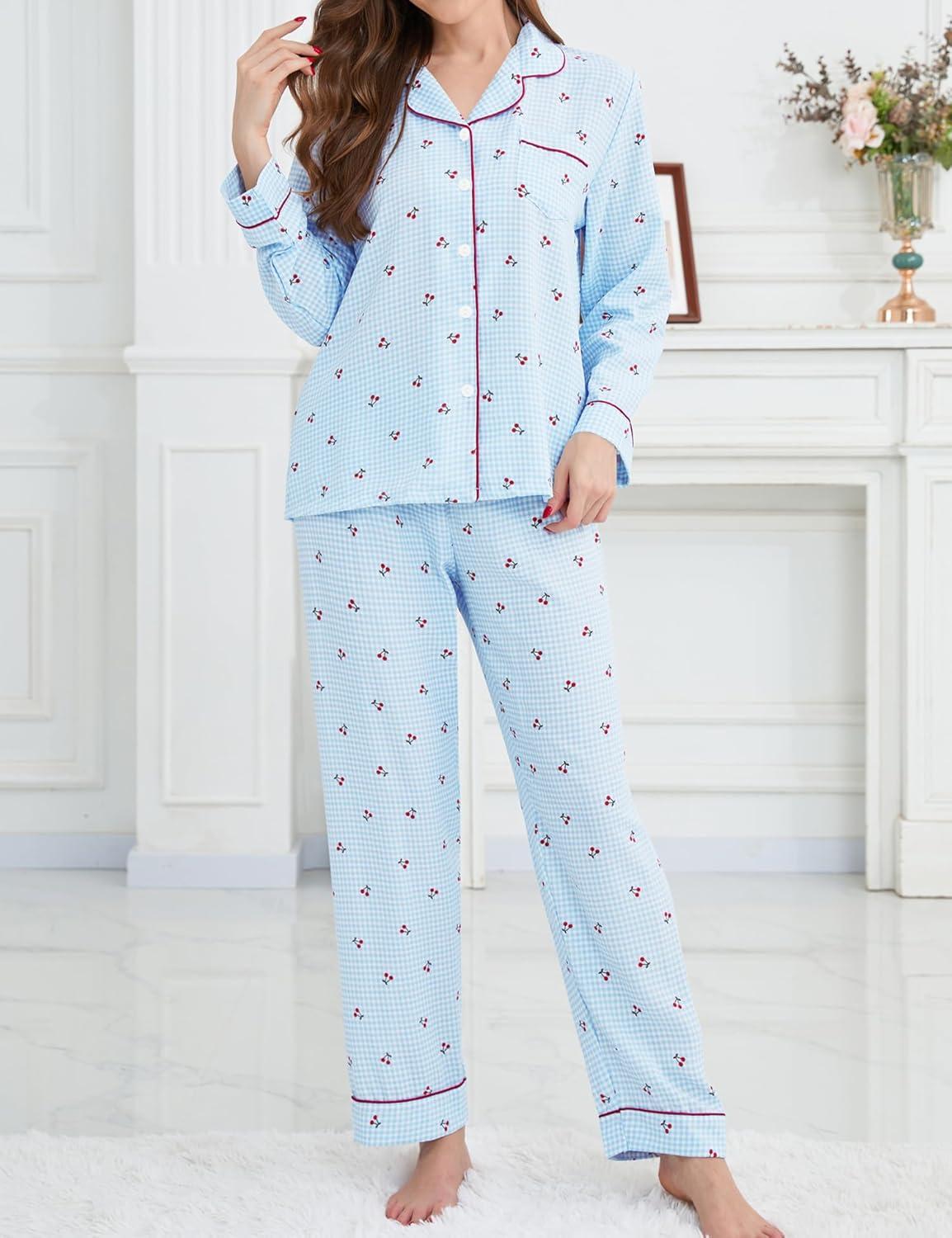 imageSWOMOG Pajamas for Women Sets 2 Piece Button Down Printed Pjs Long Sleeve Shirt and Pants Fall Sleepwear Cute LoungewearBlue Red Cherry