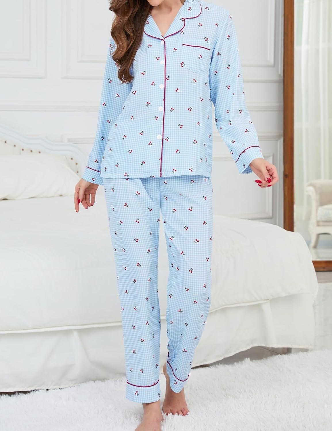 imageSWOMOG Pajamas for Women Sets 2 Piece Button Down Printed Pjs Long Sleeve Shirt and Pants Fall Sleepwear Cute LoungewearBlue Red Cherry