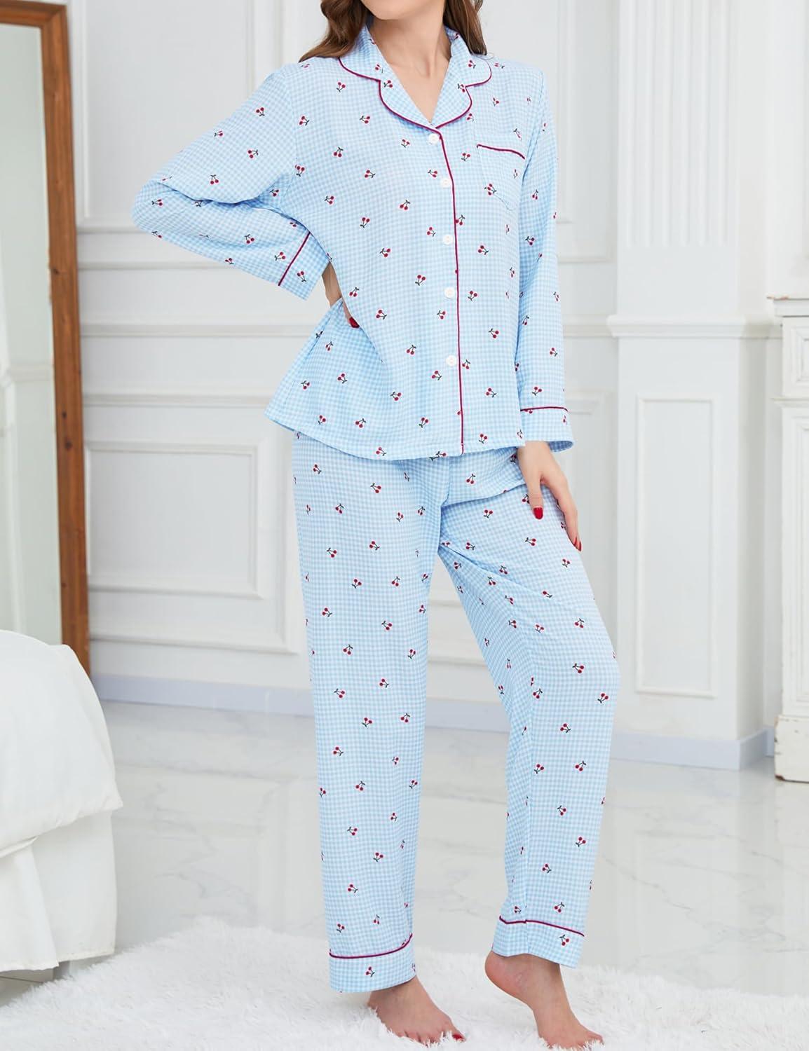 imageSWOMOG Pajamas for Women Sets 2 Piece Button Down Printed Pjs Long Sleeve Shirt and Pants Fall Sleepwear Cute LoungewearBlue Red Cherry