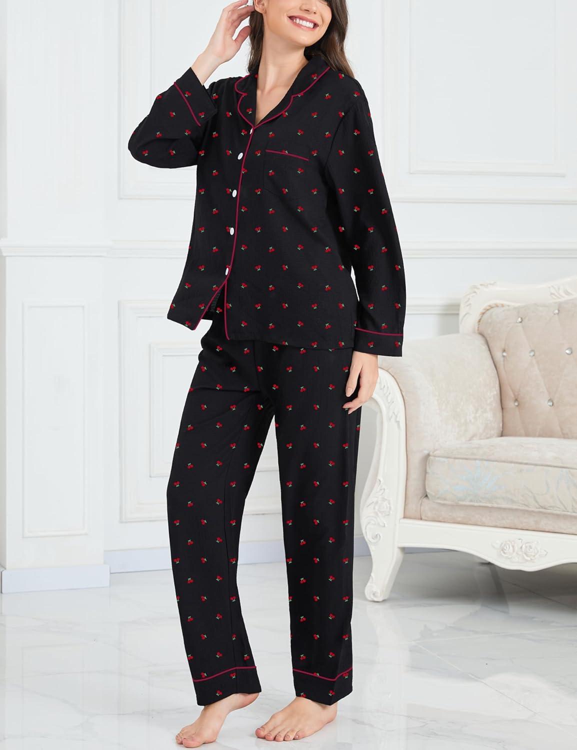 imageSWOMOG Pajamas for Women Sets 2 Piece Button Down Printed Pjs Long Sleeve Shirt and Pants Fall Sleepwear Cute LoungewearCherry Black
