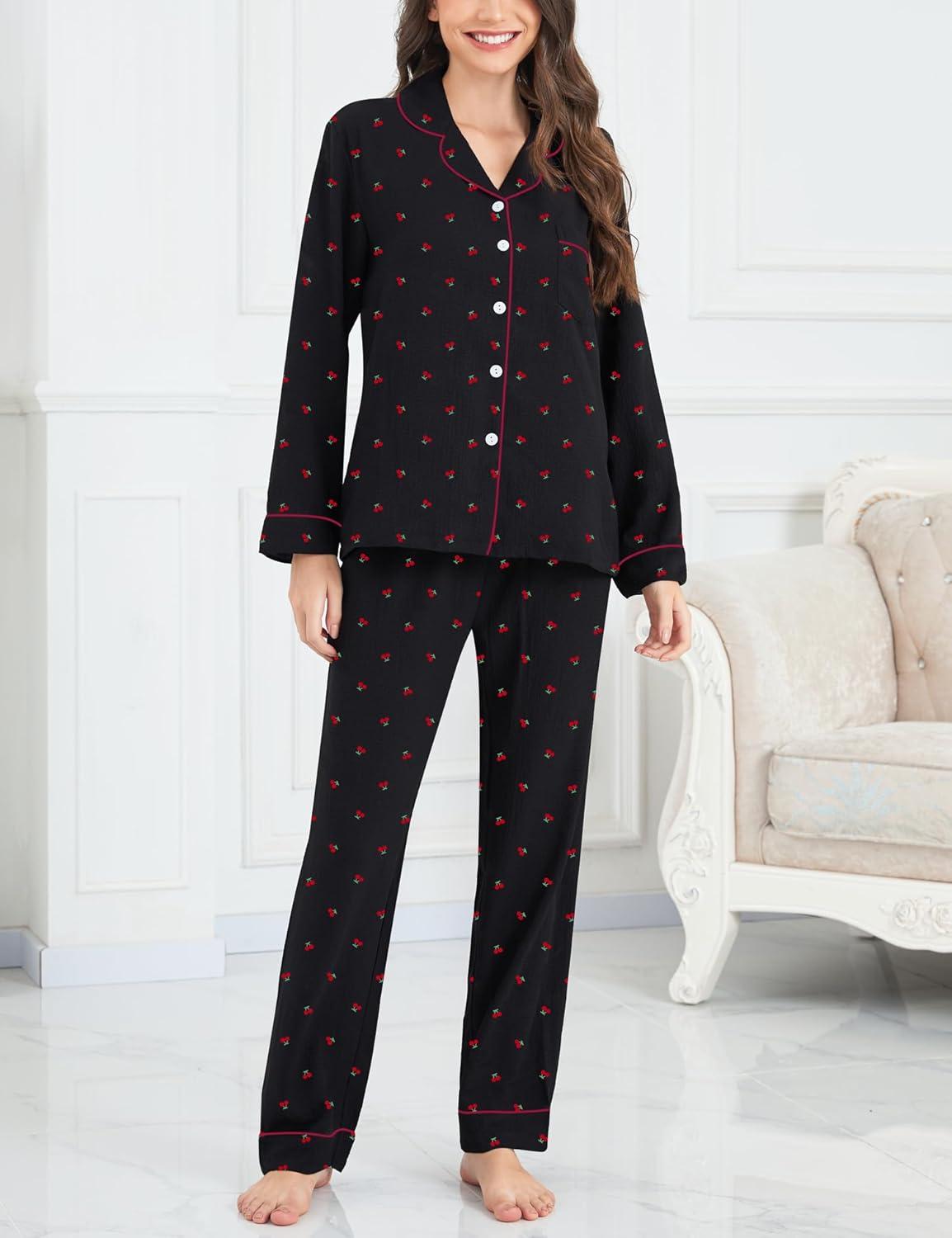 imageSWOMOG Pajamas for Women Sets 2 Piece Button Down Printed Pjs Long Sleeve Shirt and Pants Fall Sleepwear Cute LoungewearCherry Black