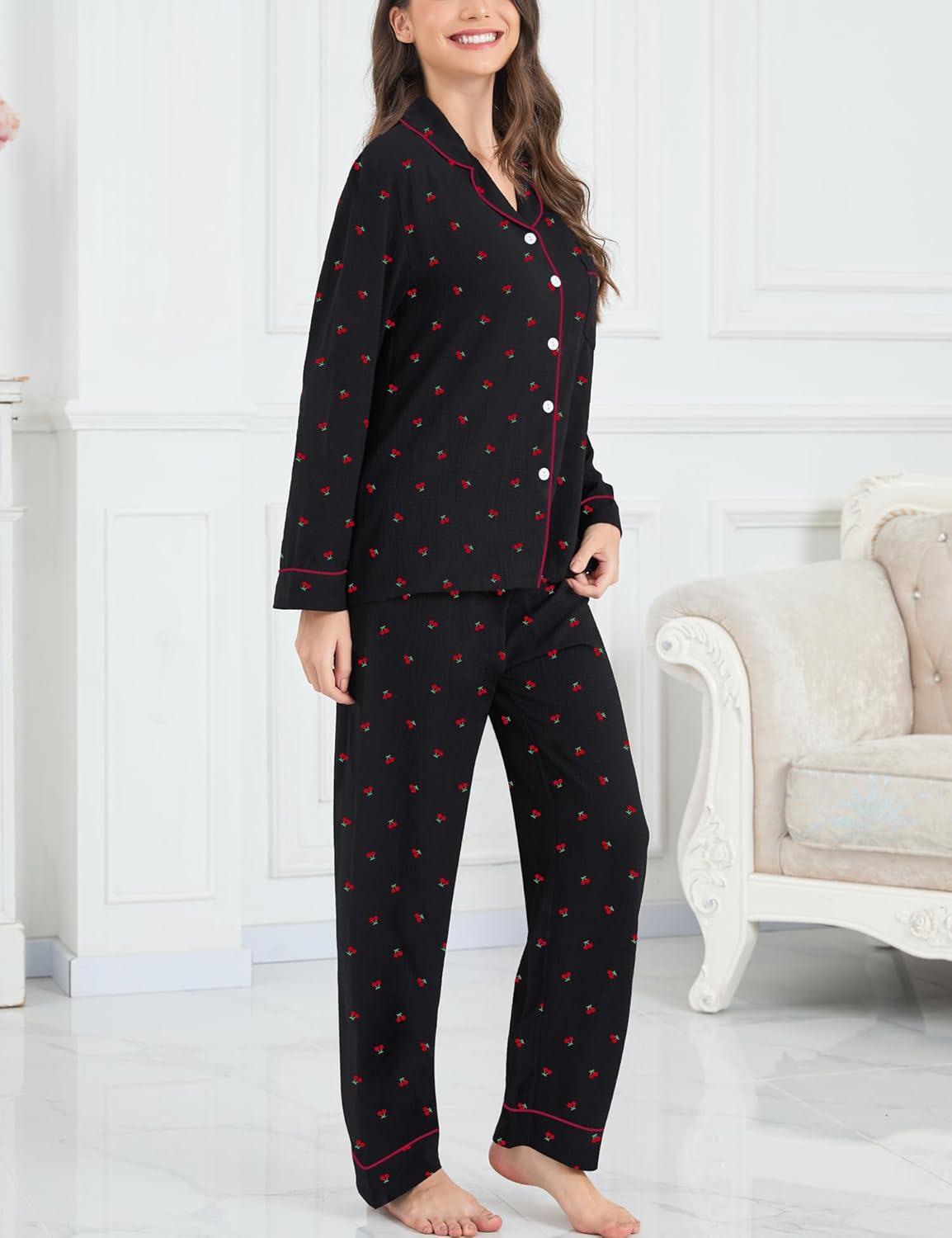 imageSWOMOG Pajamas for Women Sets 2 Piece Button Down Printed Pjs Long Sleeve Shirt and Pants Fall Sleepwear Cute LoungewearCherry Black