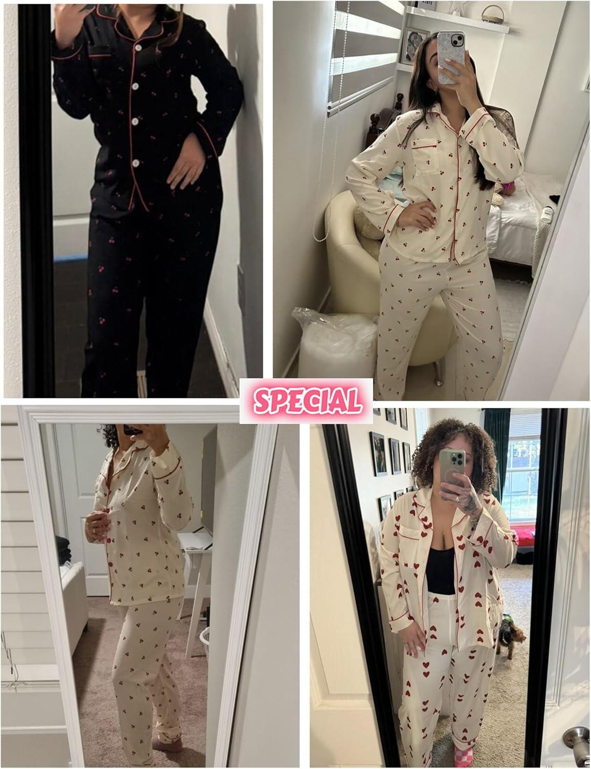 imageSWOMOG Pajamas for Women Sets 2 Piece Button Down Printed Pjs Long Sleeve Shirt and Pants Fall Sleepwear Cute LoungewearCherry Black