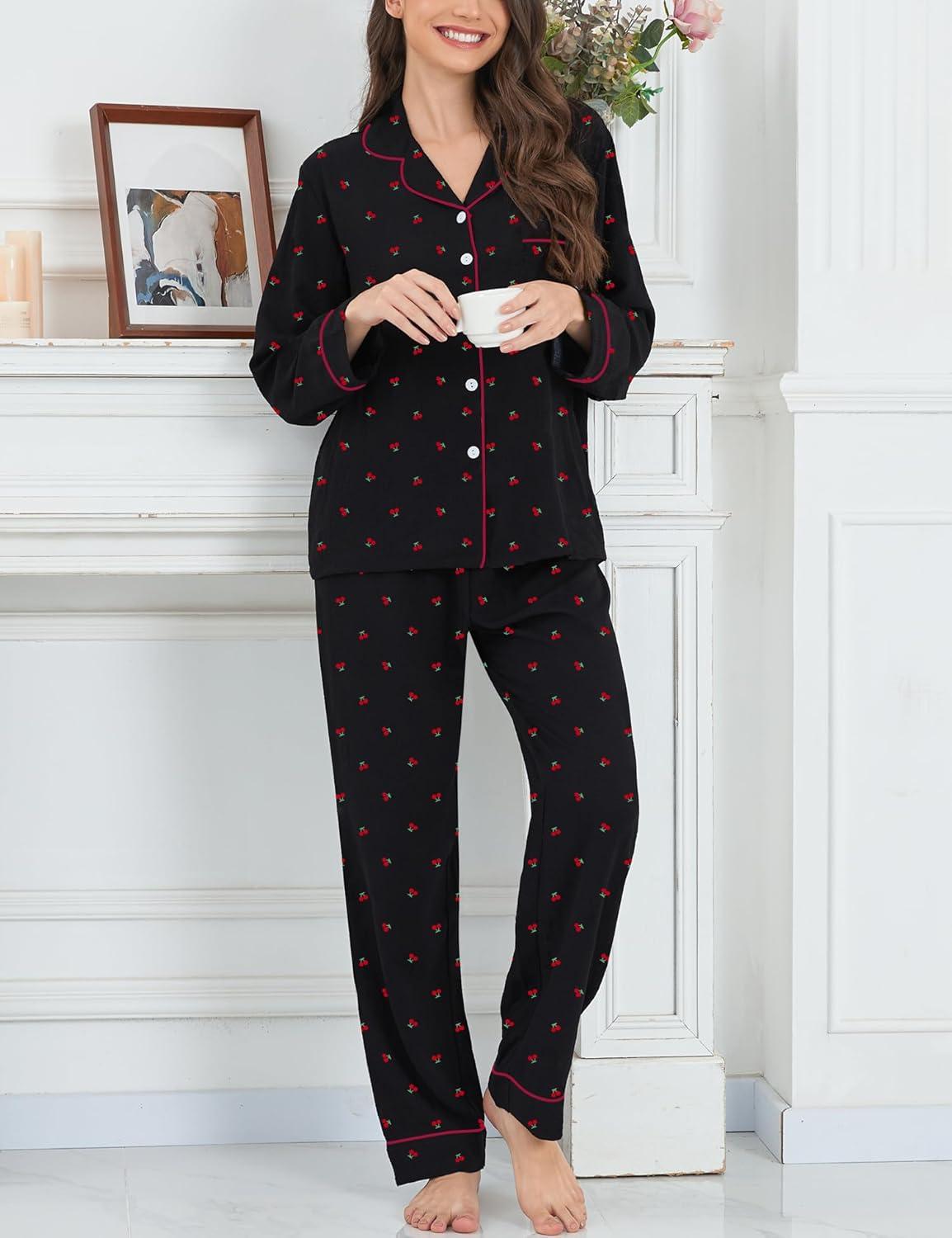 imageSWOMOG Pajamas for Women Sets 2 Piece Button Down Printed Pjs Long Sleeve Shirt and Pants Fall Sleepwear Cute LoungewearCherry Black
