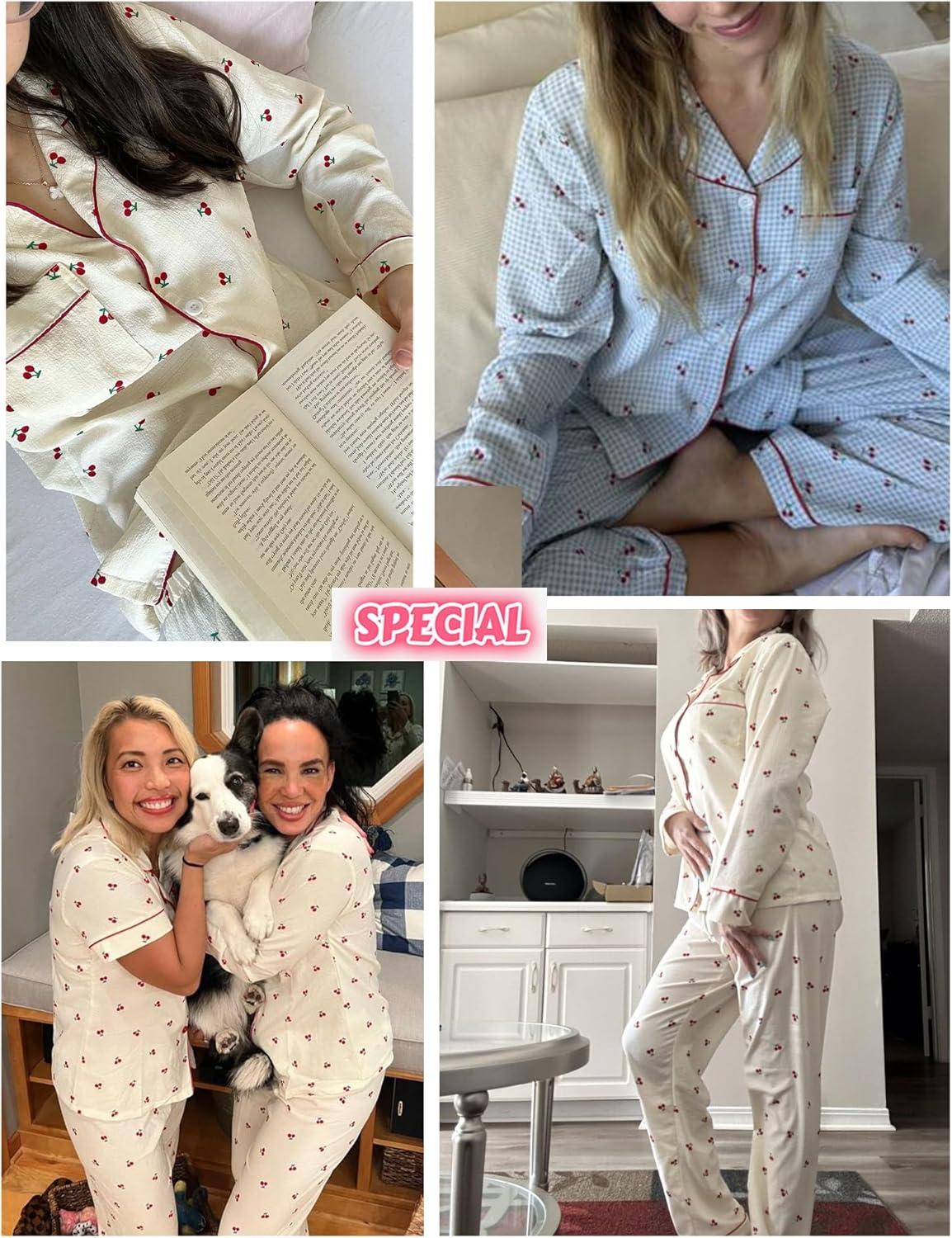 imageSWOMOG Pajamas for Women Sets 2 Piece Button Down Printed Pjs Long Sleeve Shirt and Pants Fall Sleepwear Cute LoungewearRed Elk