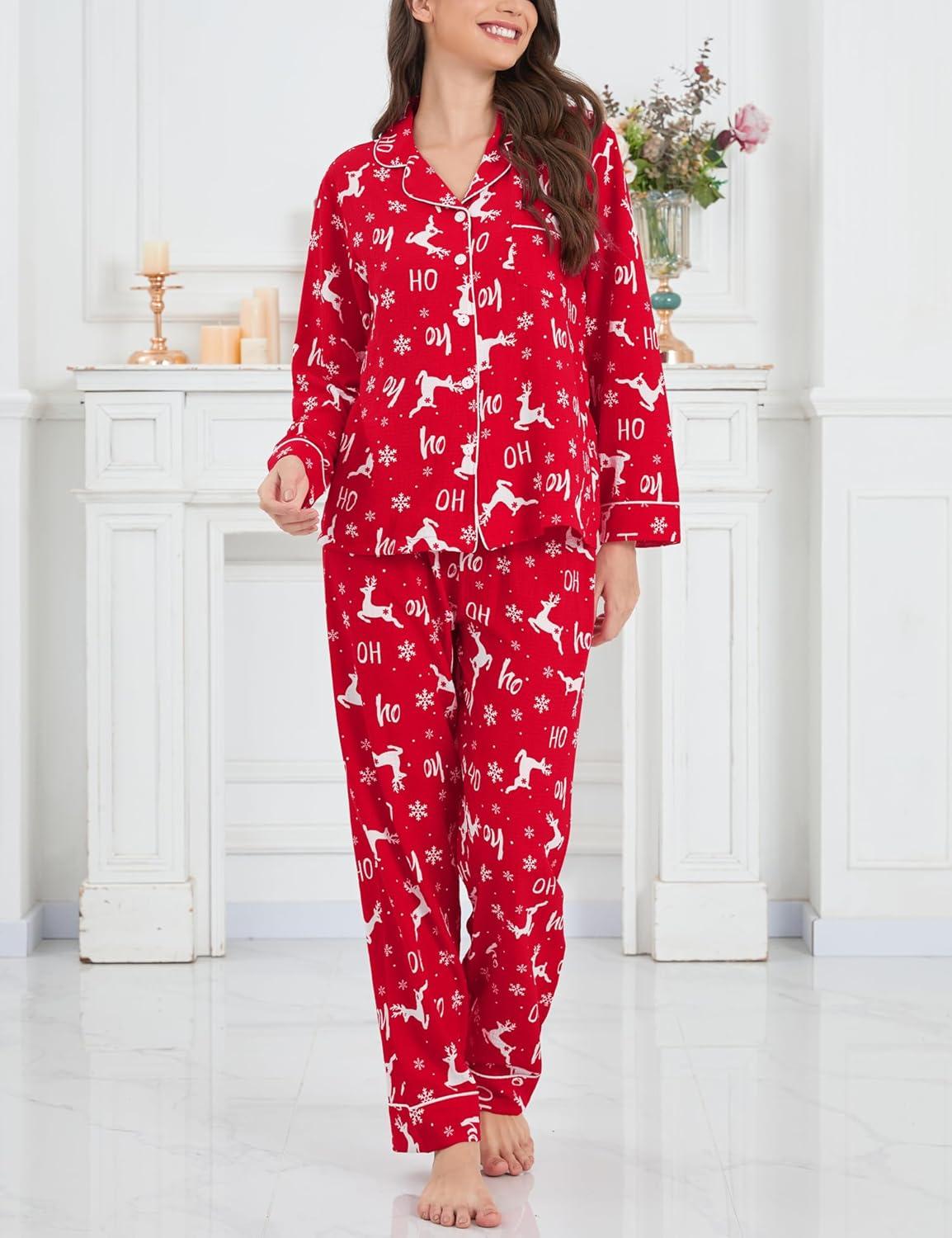 imageSWOMOG Pajamas for Women Sets 2 Piece Button Down Printed Pjs Long Sleeve Shirt and Pants Fall Sleepwear Cute LoungewearRed Elk