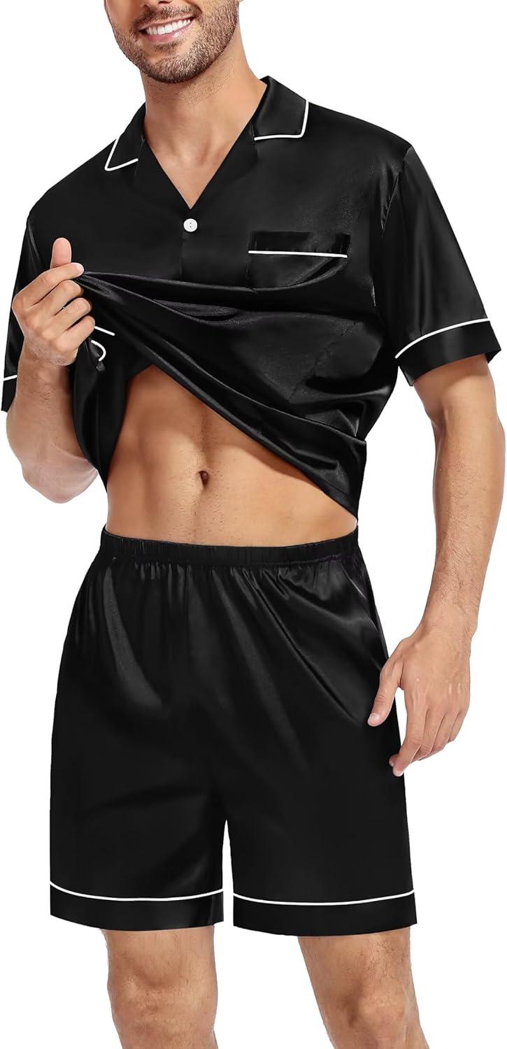 imageSWOMOG Silk Satin Pajamas Sets for Men Short Sleeve 2 Piece Button Down Sleepwear Mens Loungewear Sets with PocketsBlack