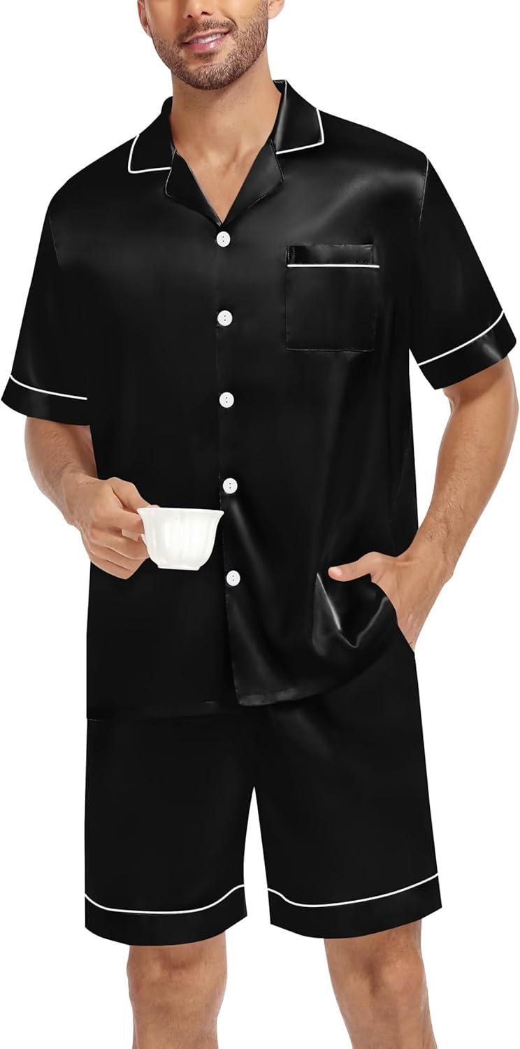 imageSWOMOG Silk Satin Pajamas Sets for Men Short Sleeve 2 Piece Button Down Sleepwear Mens Loungewear Sets with PocketsBlack
