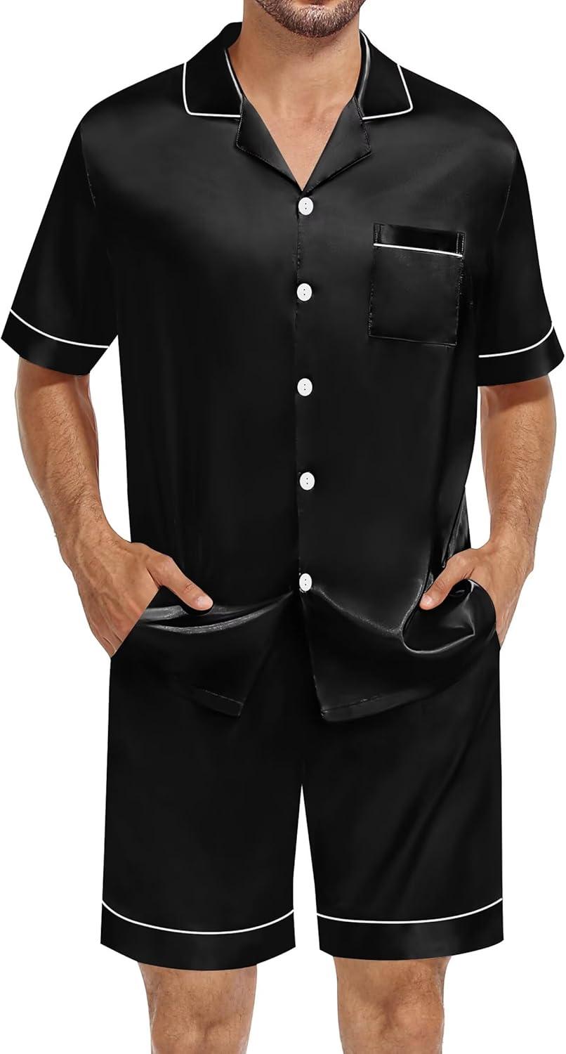 imageSWOMOG Silk Satin Pajamas Sets for Men Short Sleeve 2 Piece Button Down Sleepwear Mens Loungewear Sets with PocketsBlack