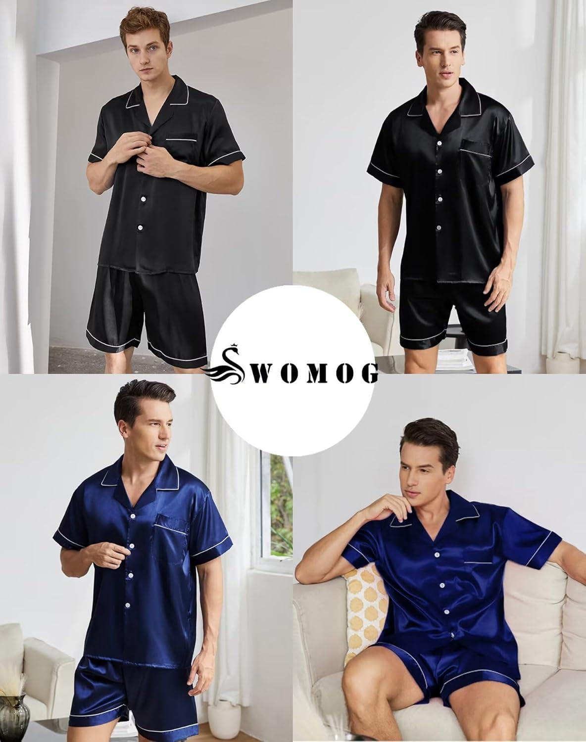 imageSWOMOG Silk Satin Pajamas Sets for Men Short Sleeve 2 Piece Button Down Sleepwear Mens Loungewear Sets with PocketsBlack