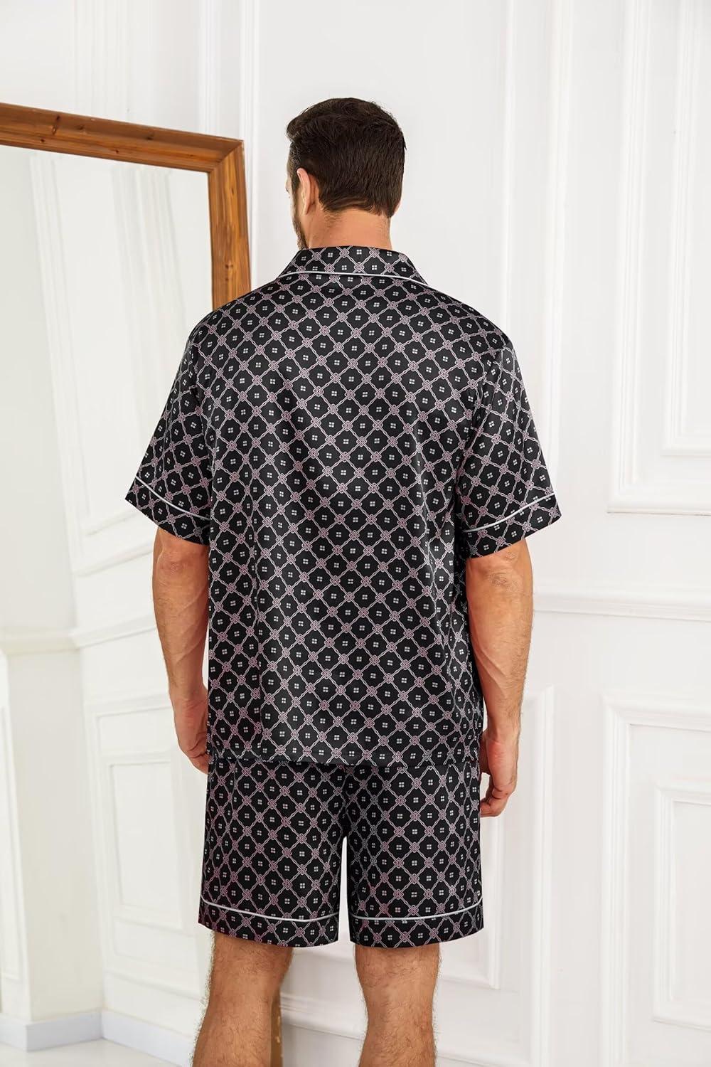 imageSWOMOG Silk Satin Pajamas Sets for Men Short Sleeve 2 Piece Button Down Sleepwear Mens Loungewear Sets with PocketsBlack Floral
